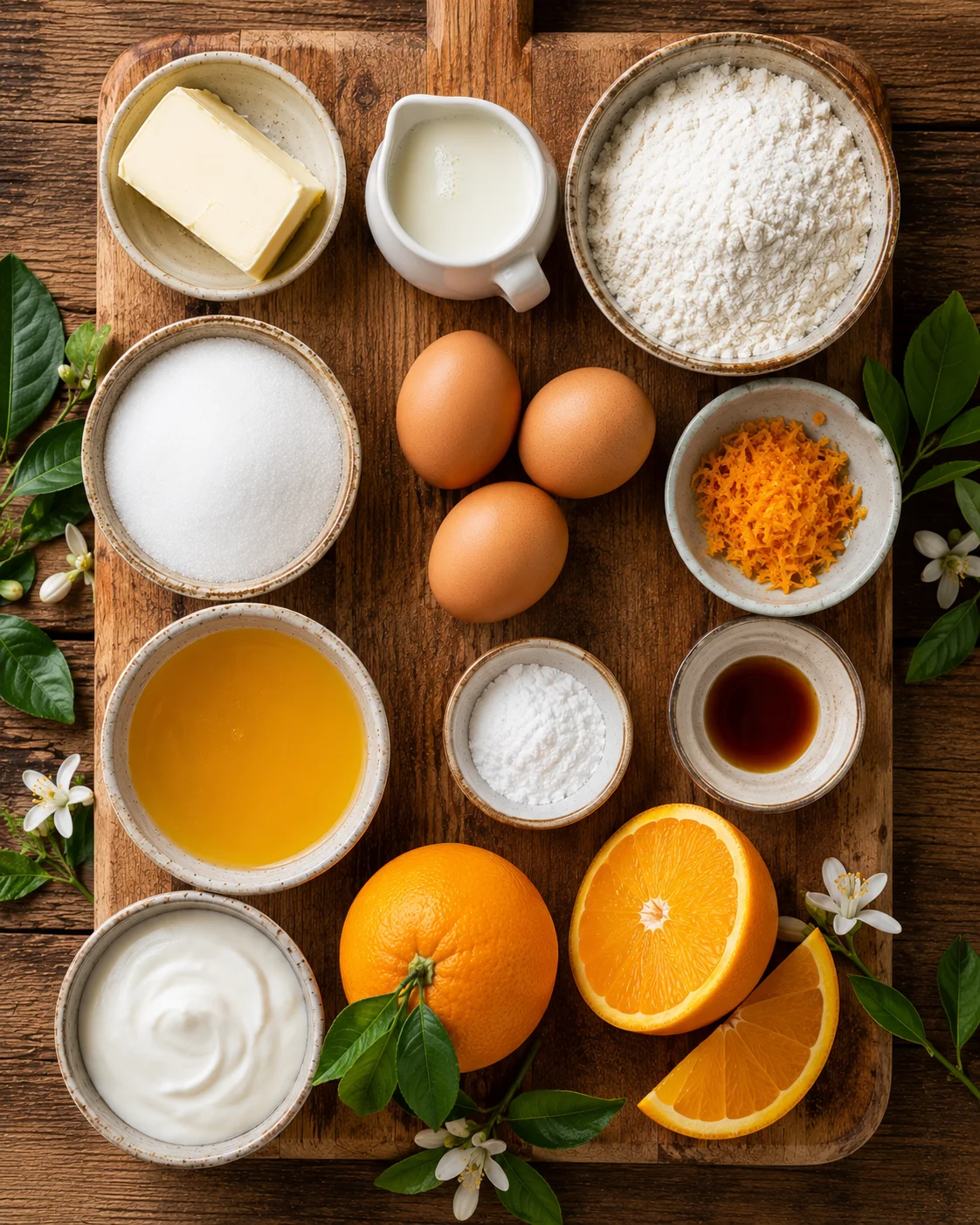 Ingrédients pour le cake orange ultra moelleux disposés sur un plan de travail en bois