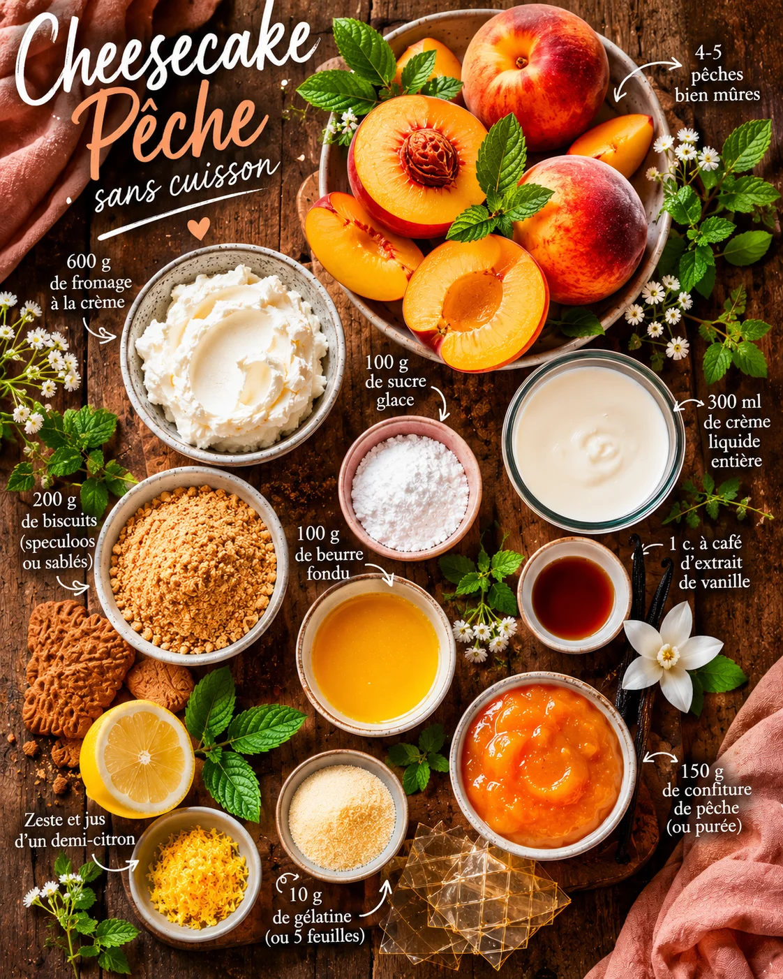 Cheesecake Pêche Sans Cuisson ingrédients disposés sur un plan de travail en bois
