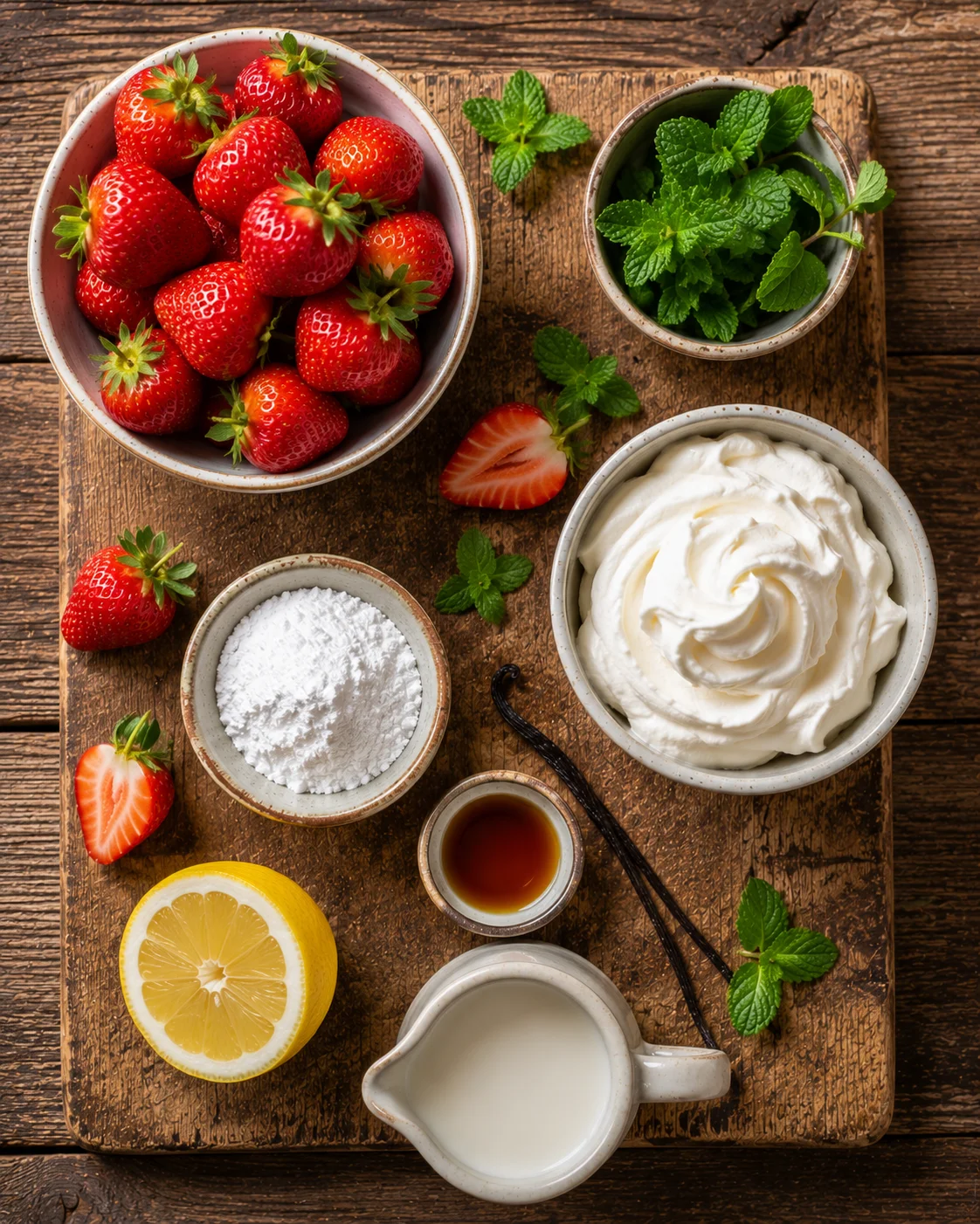 Coupe Fraises Chantilly Légère ingrédients frais sur un plan de travail en bois