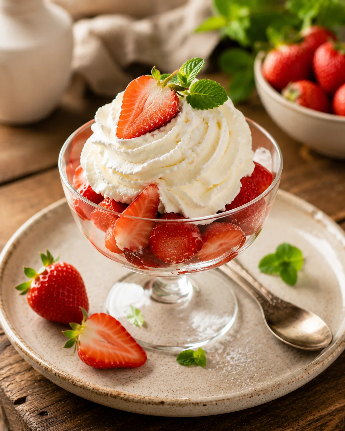 Coupe Fraises Chantilly Légère servie en coupe individuelle en verre avec menthe fraîche