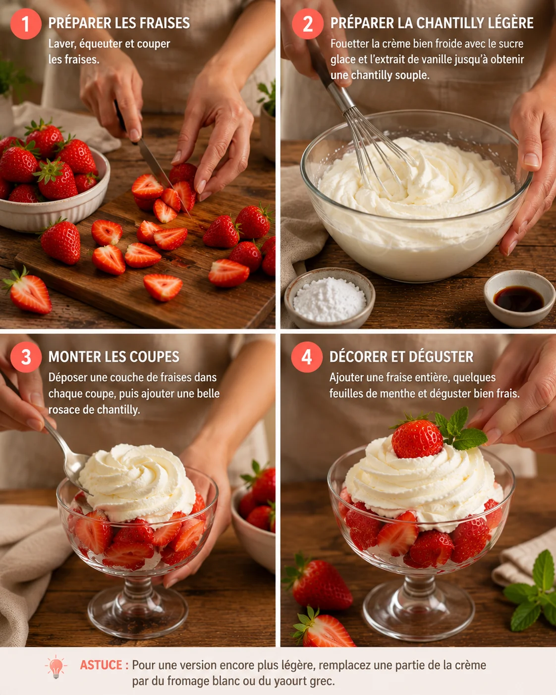 Coupe Fraises Chantilly Légère étapes de préparation montage en coupe