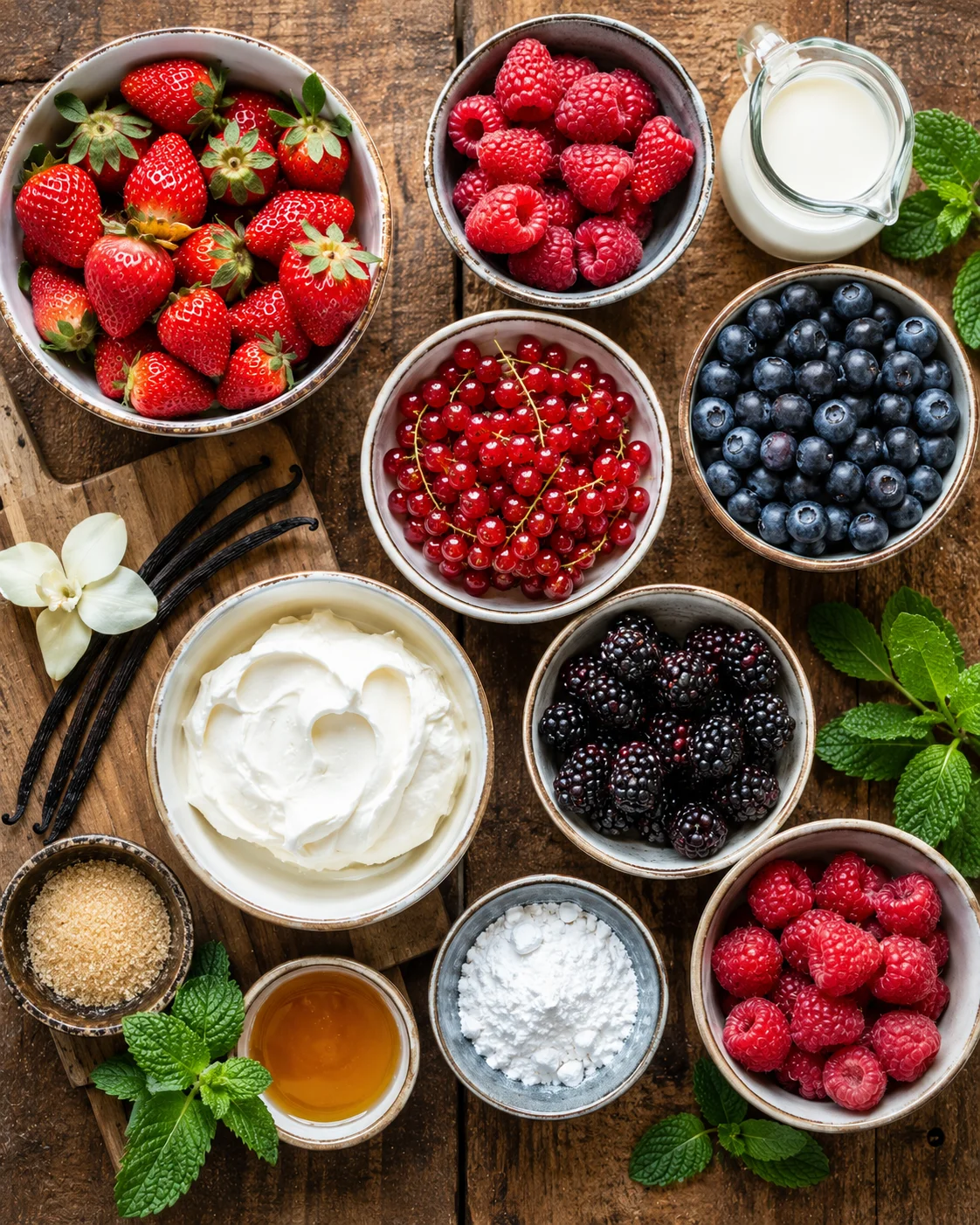 Ingrédients pour coupe fruits rouges vanille : fraises, framboises, myrtilles, crème et gousse de vanille sur plan de travail en bois