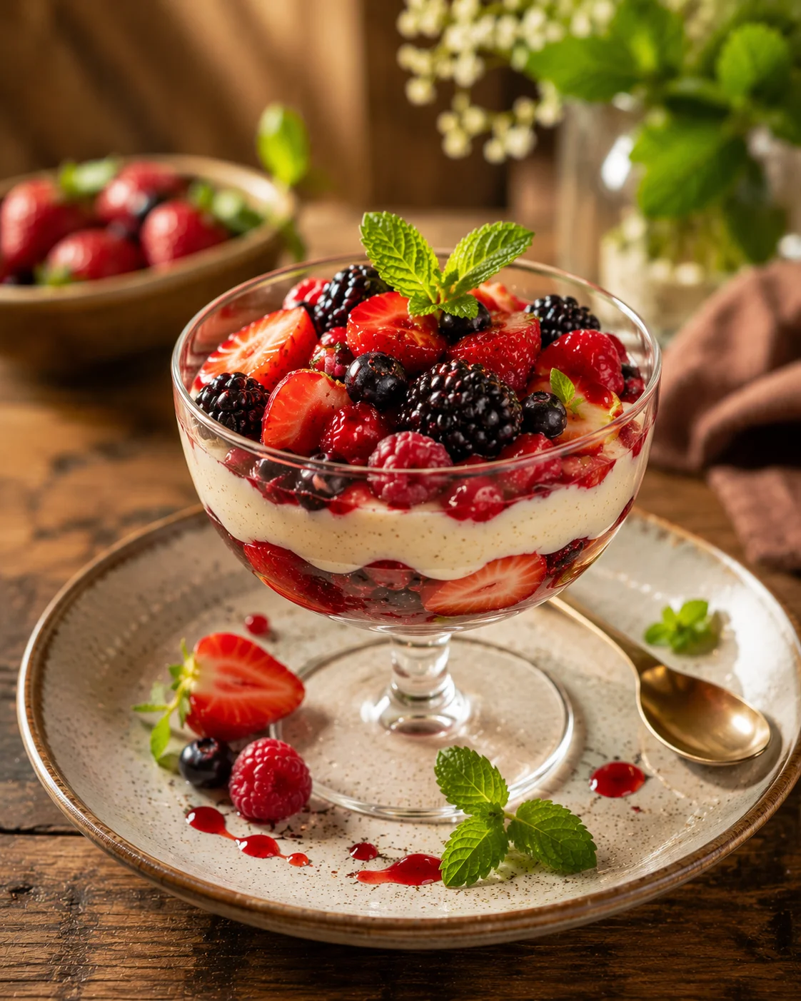 Coupe fruits rouges vanille dressée dans un verre élégant, chantilly ferme et fruits frais colorés, sur une table en bois clair