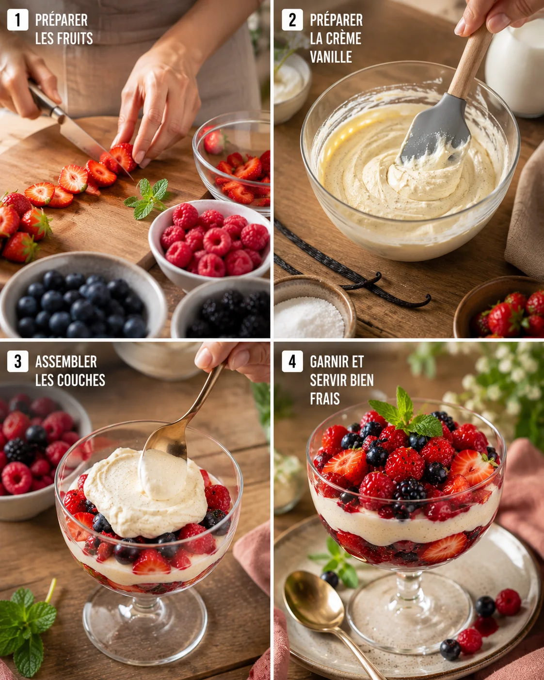 Étapes de préparation coupe fruits rouges vanille : montage de la chantilly et des fruits dans une coupe en verre