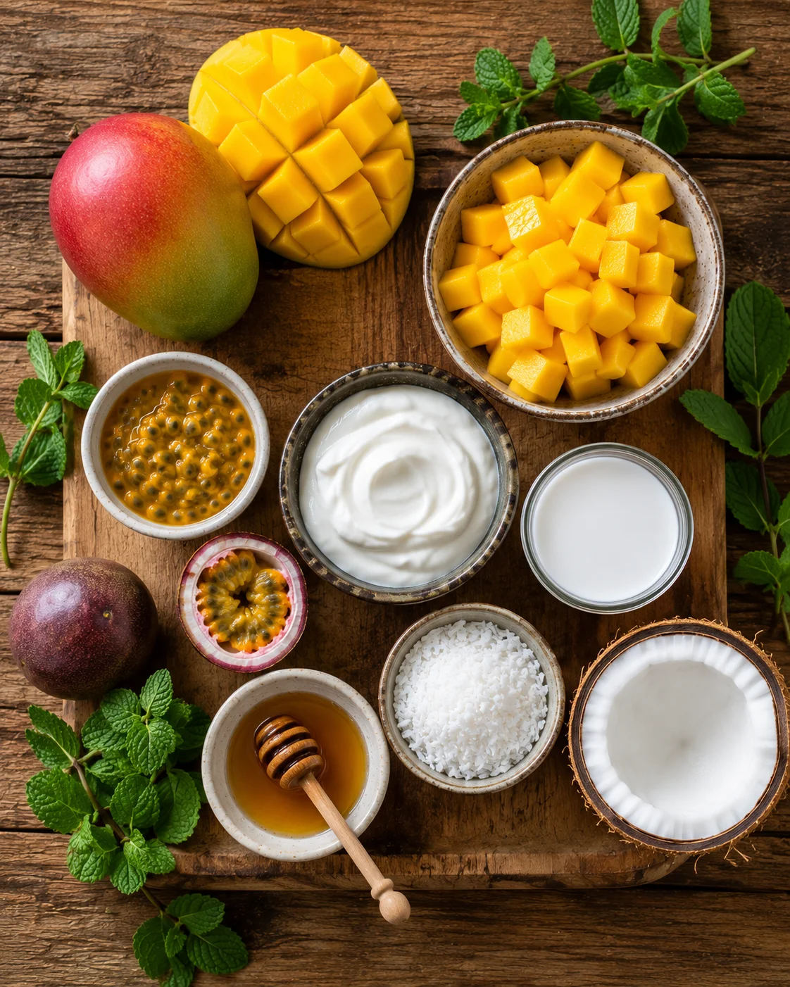 Ingrédients pour préparer une Coupe Mangue Passion : mangues, fruits de la passion, crème et menthe