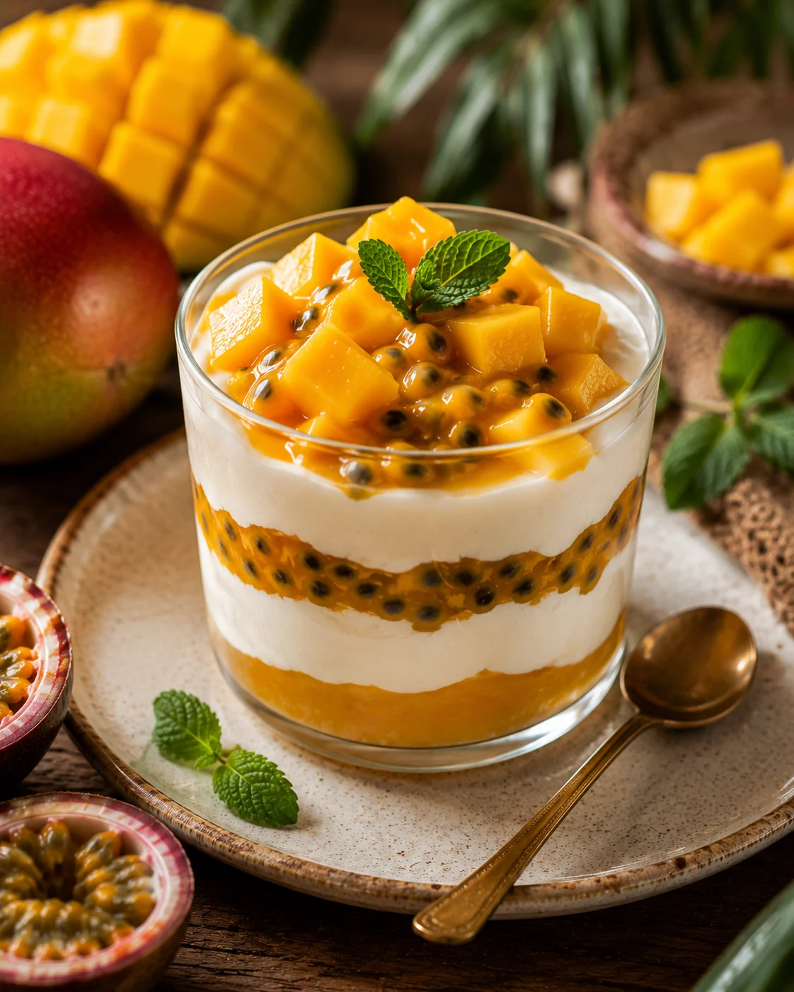 Coupe Mangue Passion servie dans des verres transparents avec menthe et noix de coco