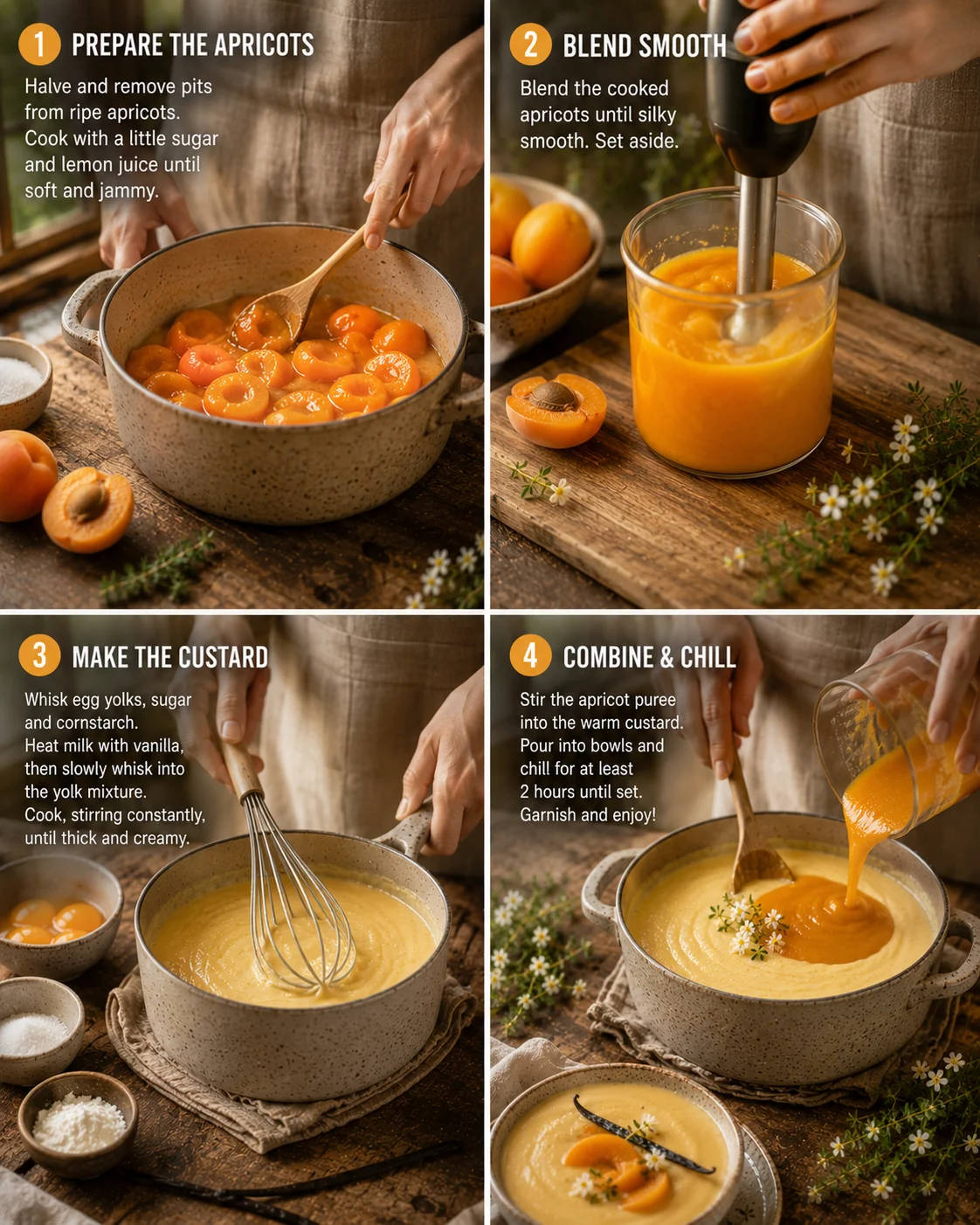 Étapes de préparation de la Crème Abricot Vanille dans une cuisine lumineuse