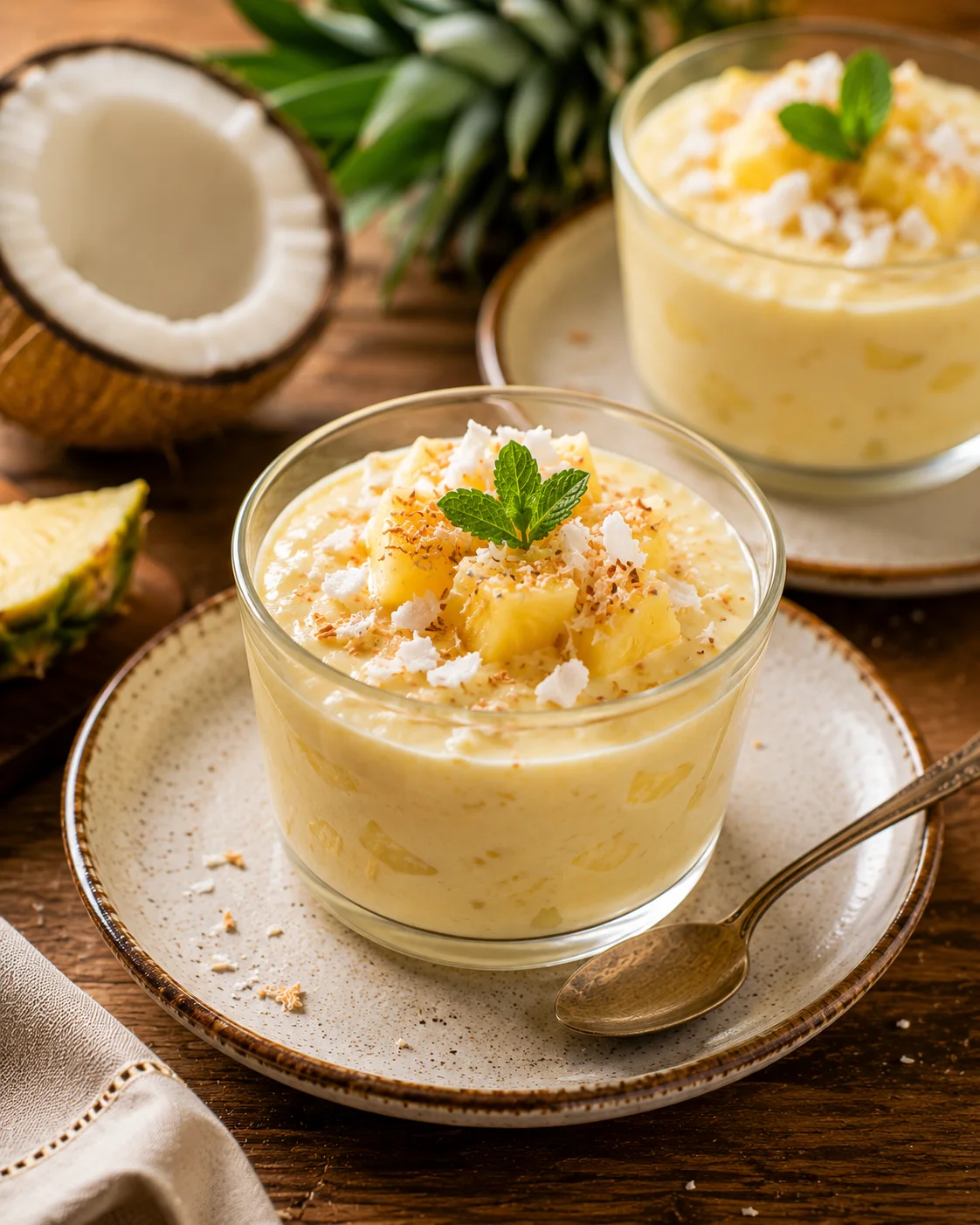 Crème Ananas Coco servie en verrines, décorée de noix de coco râpée et morceaux d'ananas frais