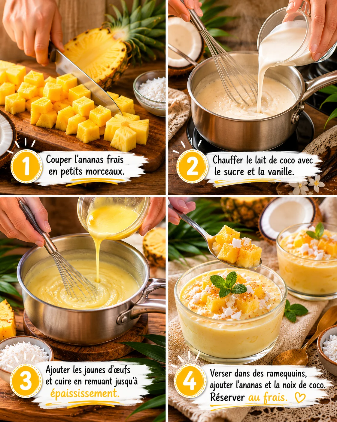 Étapes de préparation de la Crème Ananas Coco, mixage et verrines