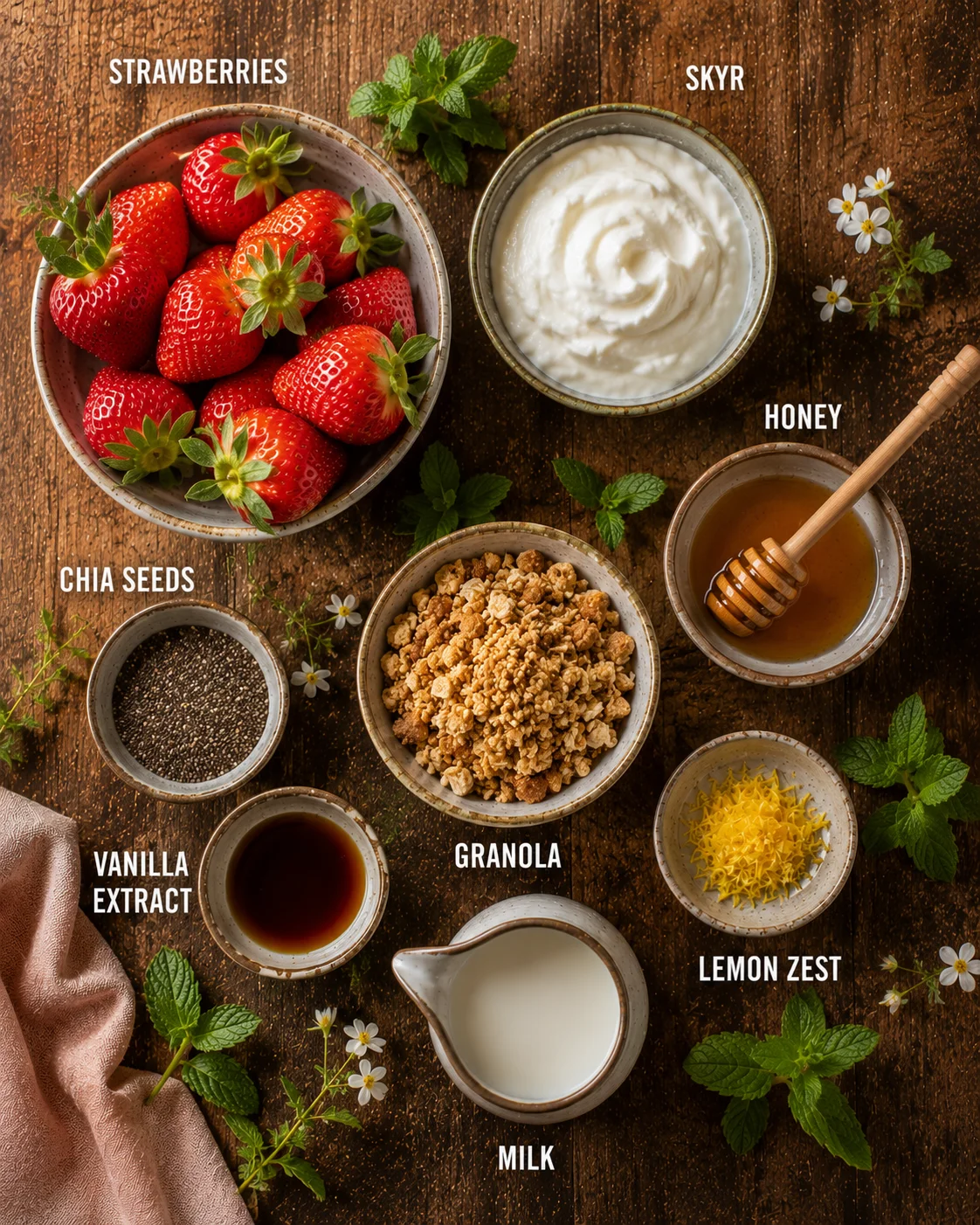 Dessert Fraise Skyr ingrédients frais disposés sur plan de travail en bois