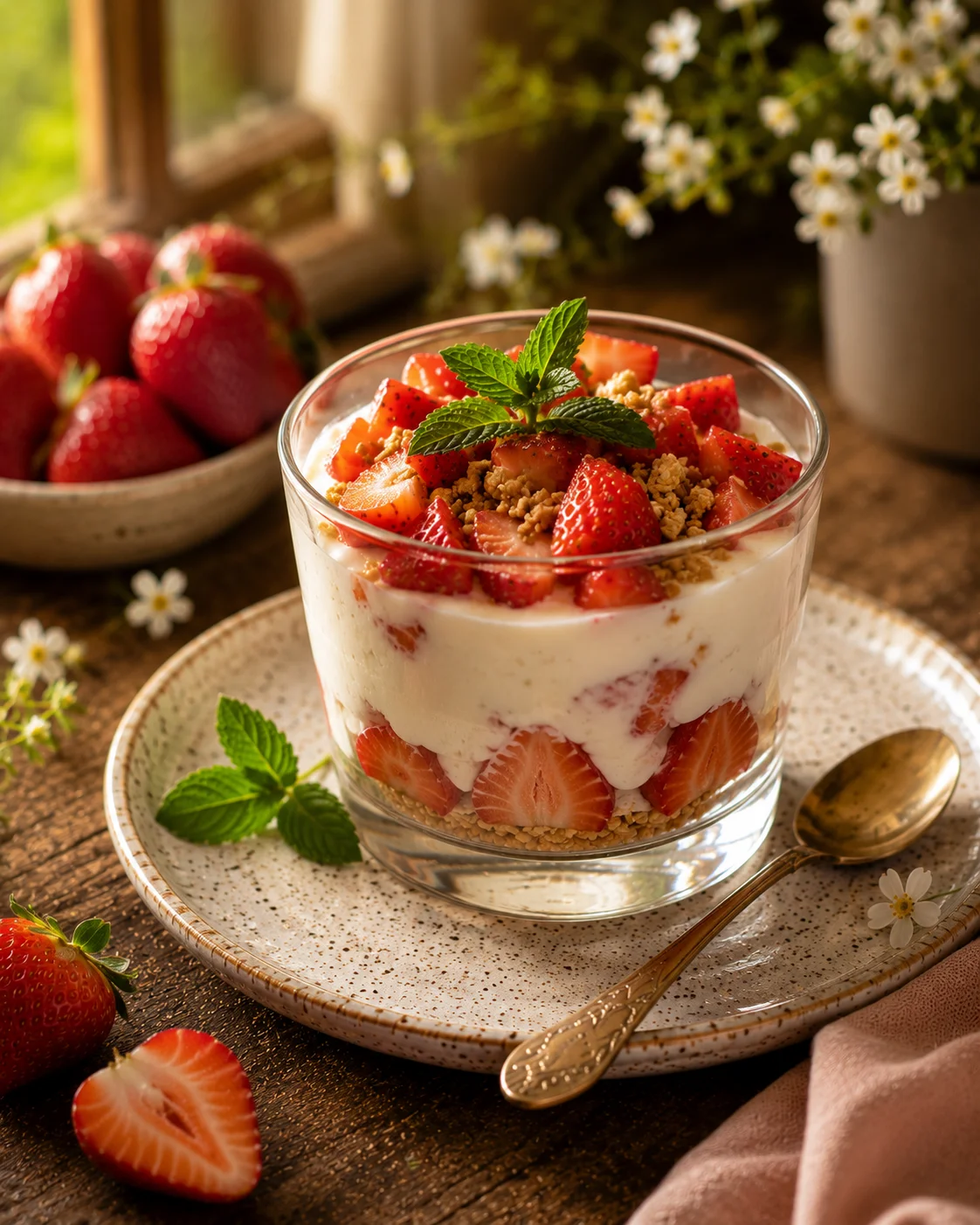 Dessert Fraise Skyr servi en verrines avec miel et menthe fraîche