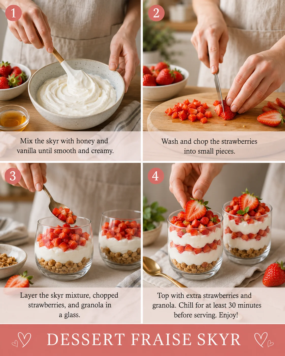 Dessert Fraise Skyr étapes de préparation crémeux en verrine