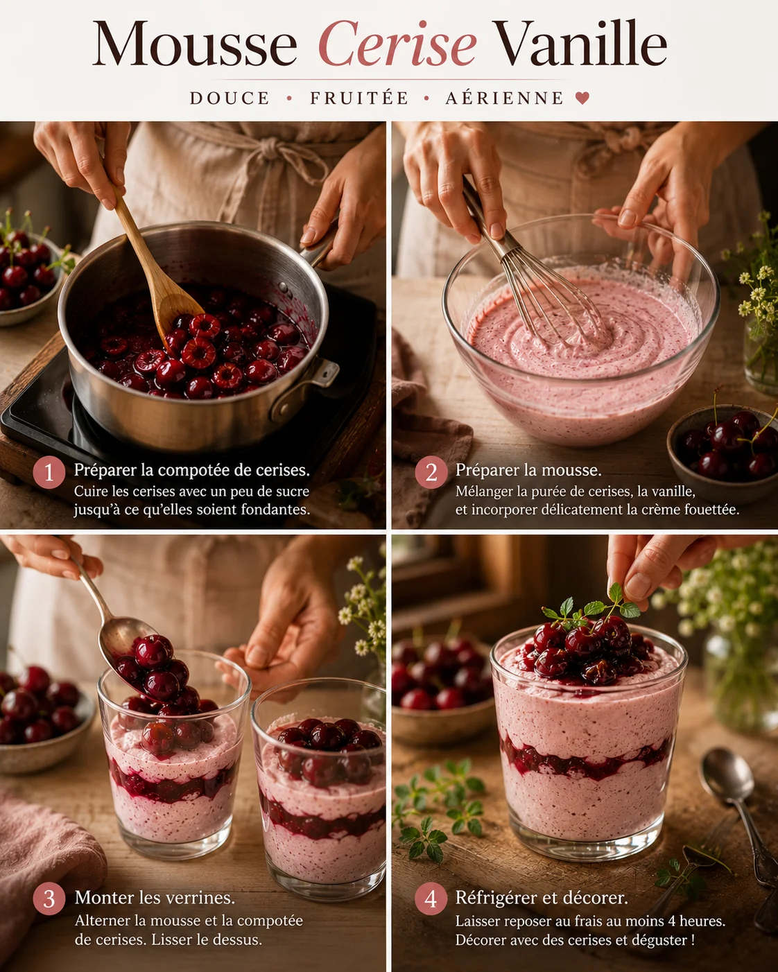 Préparation de la Mousse Cerise Vanille étape par étape
