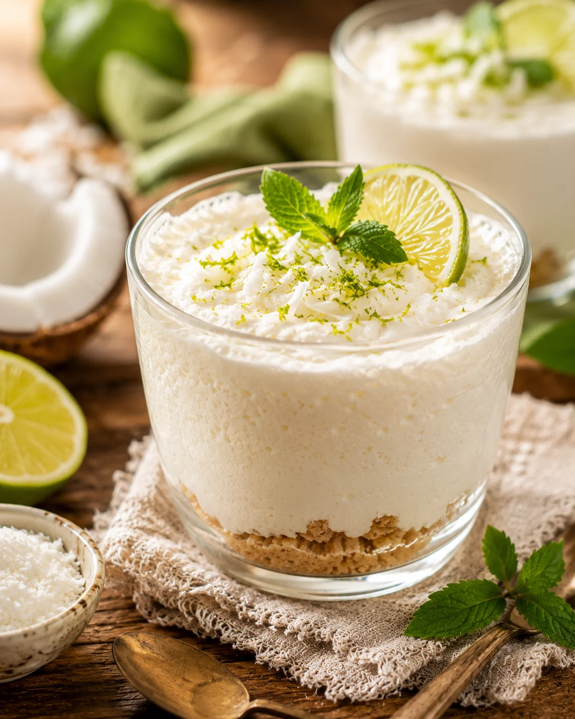 Mousse Coco Citron Vert servie en verrines avec copeaux de coco grillée et zeste de citron vert