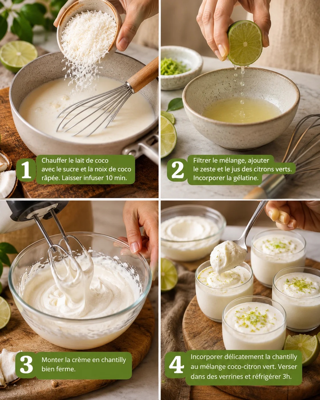 Étapes de préparation de la Mousse Coco Citron Vert : mélange crème coco et citron vert