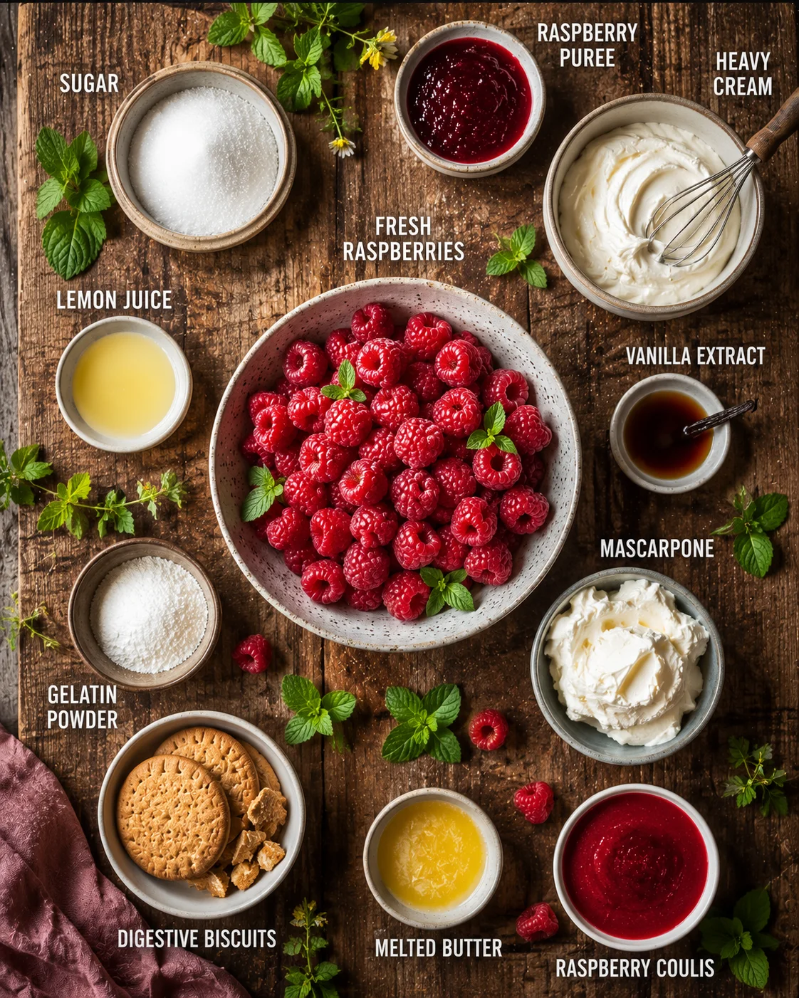 Ingrédients pour la Mousse Framboise Nuage : framboises, blancs d'œufs, crème, sucre glace