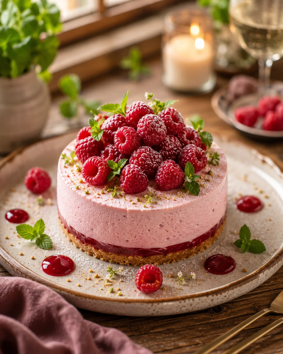 Mousse Framboise Nuage servie en verrine avec framboises fraîches et feuille de menthe