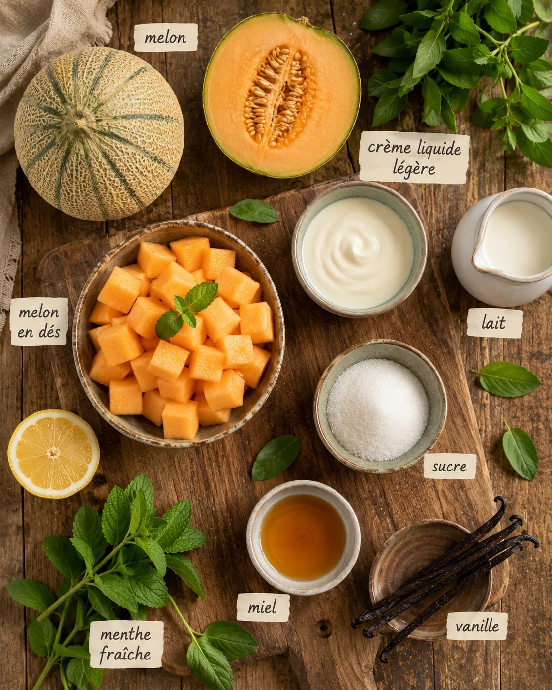 Ingrédients pour préparer une Mousse Melon Vanille : melon cantaloup, crème liquide, vanille et sucre