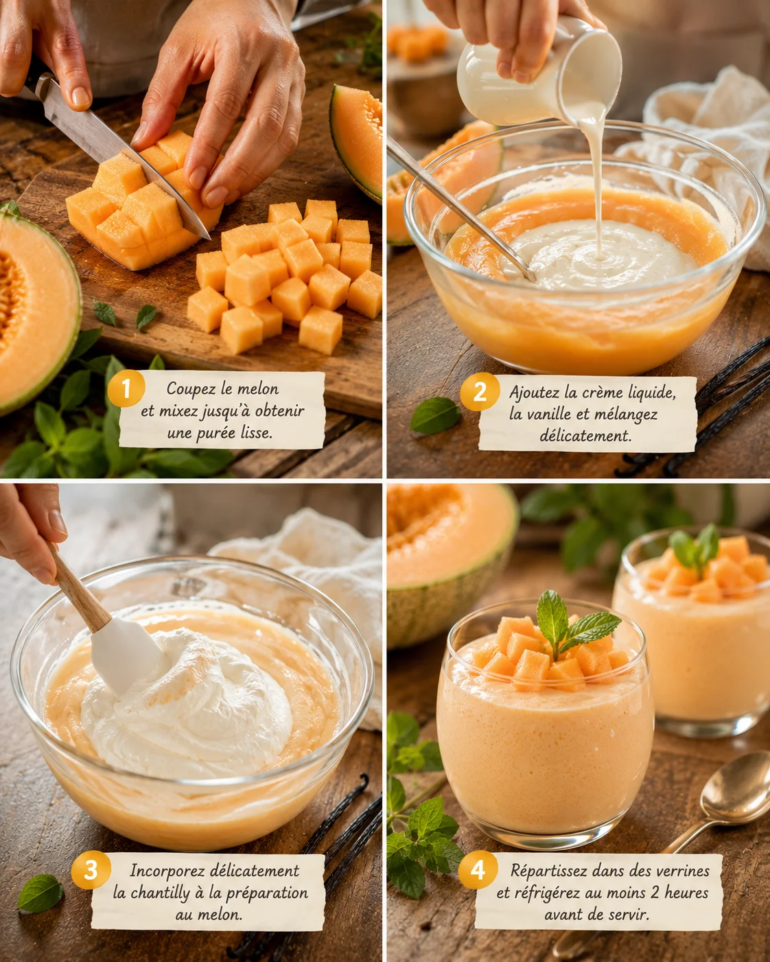 Étapes de préparation de la Mousse Melon Vanille : purée de melon, crème fouettée et incorporation délicate