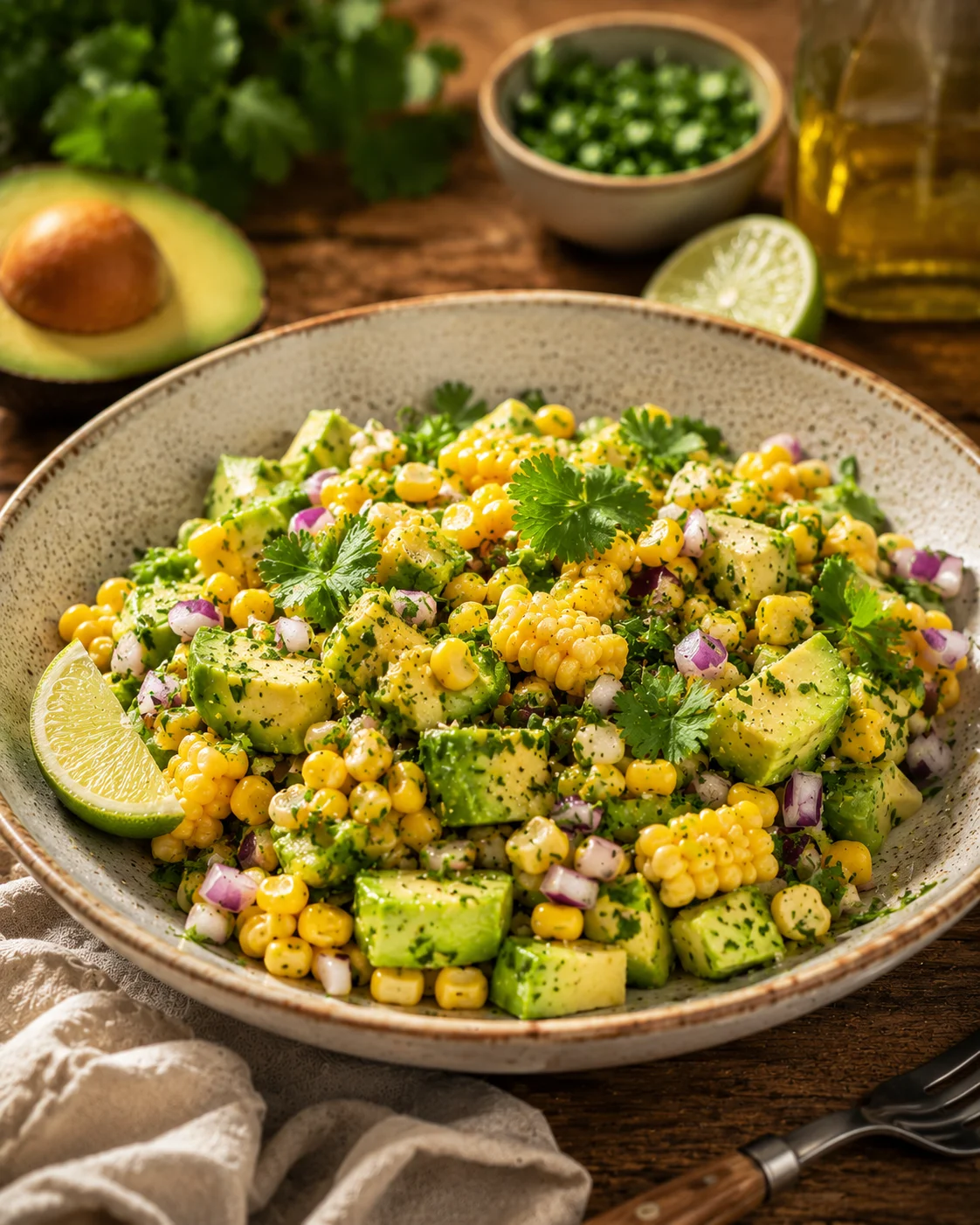 Salade avocat maïs fraîcheur servie dans un beau bol en céramique