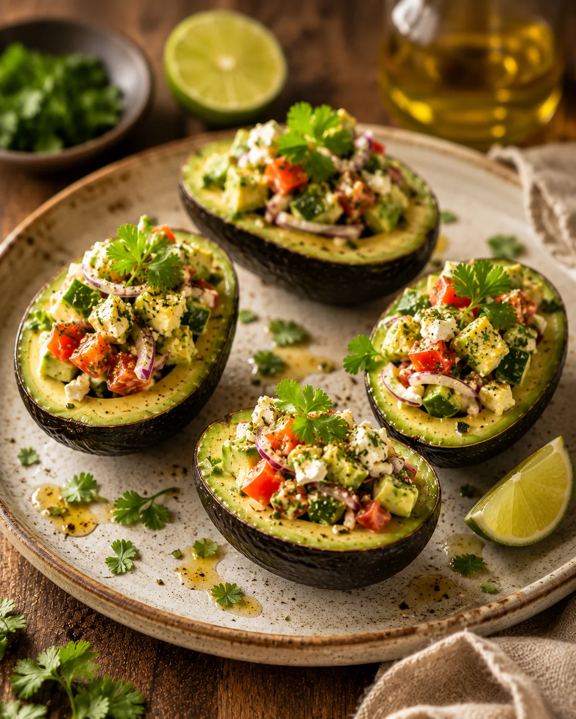 Salade avocats farcis présentée avec sa garniture fraîche