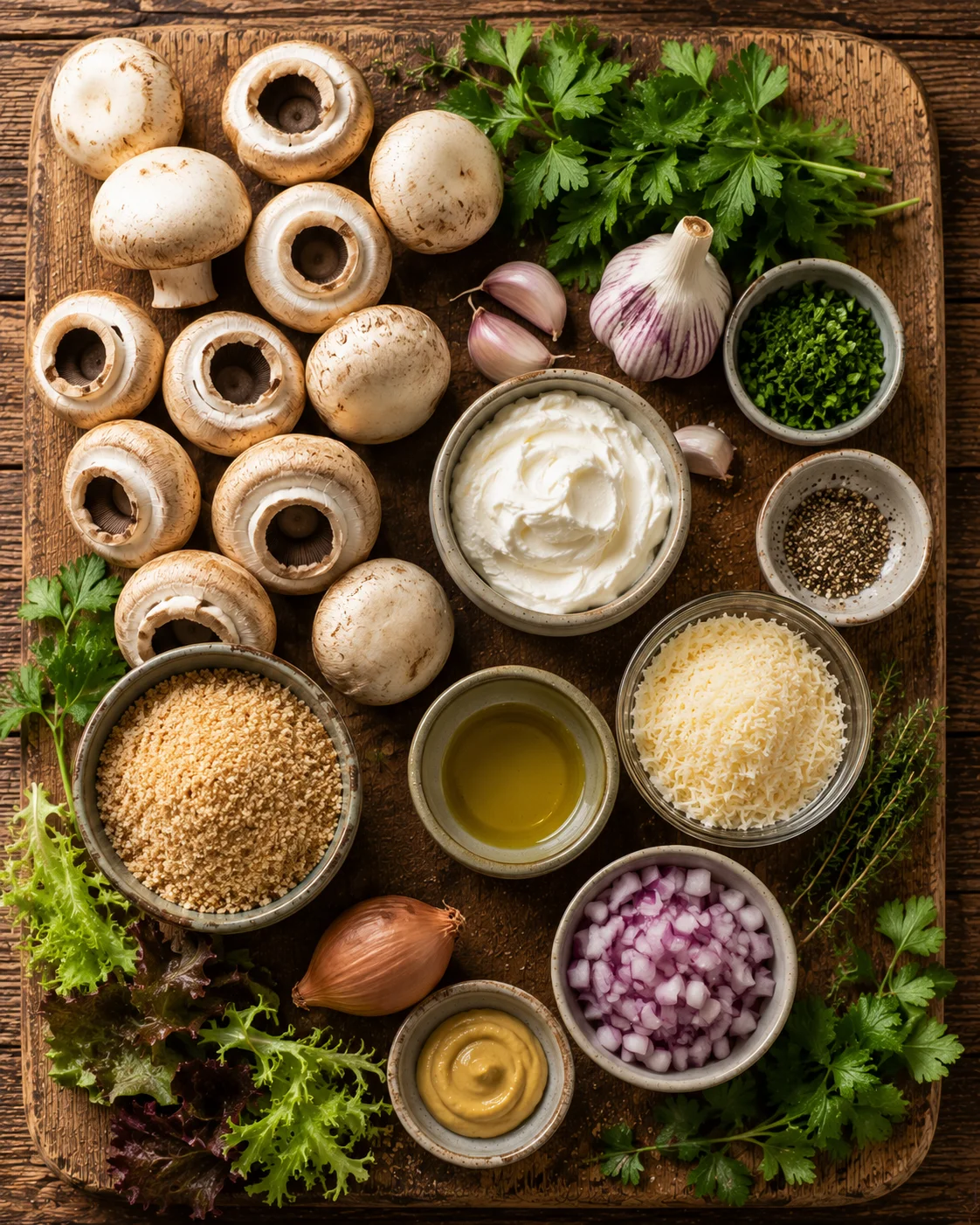 Ingrédients pour la salade de champignons farcis disposés sur un plan de travail en bois