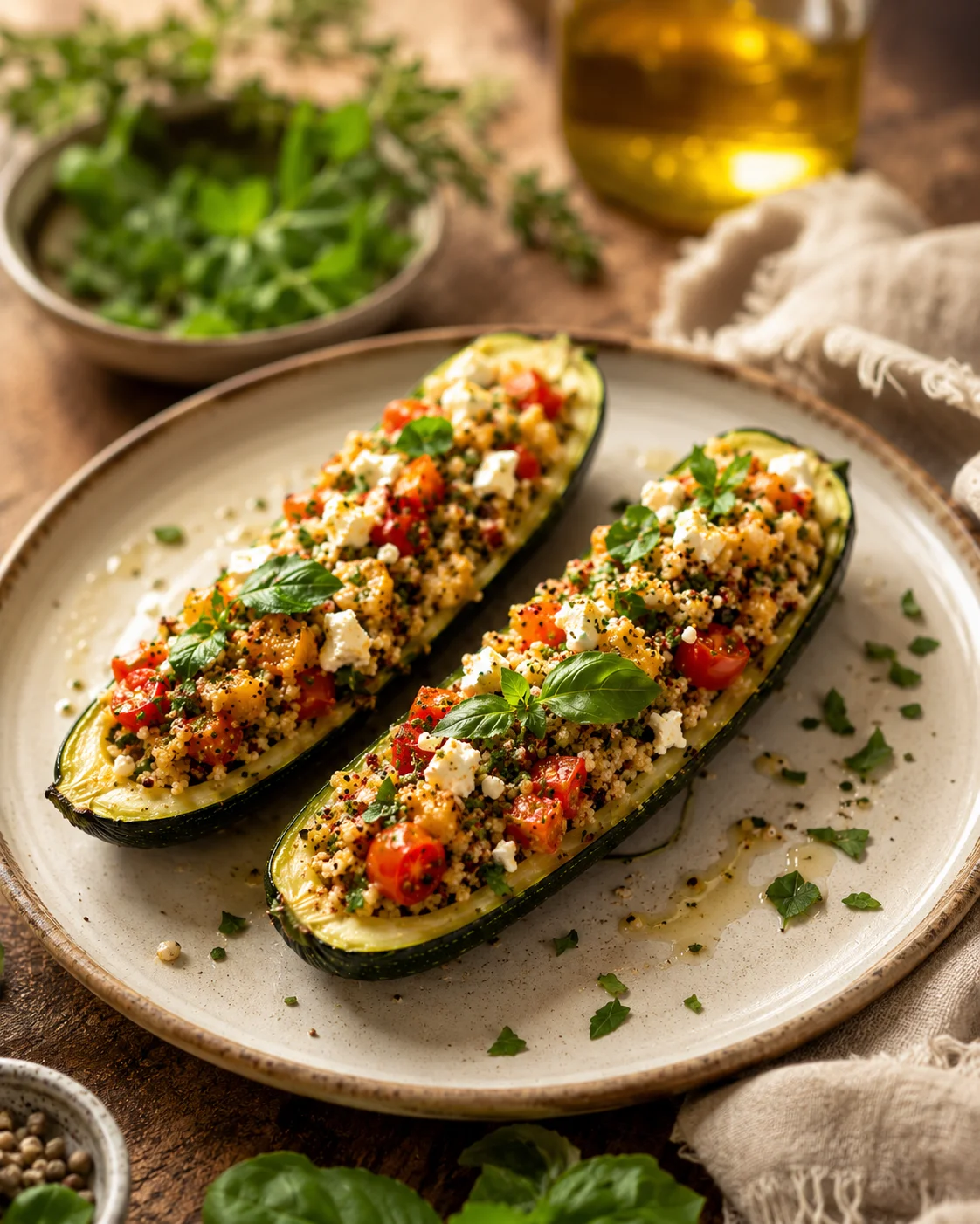 Salade courgettes farcies servie dans un plat