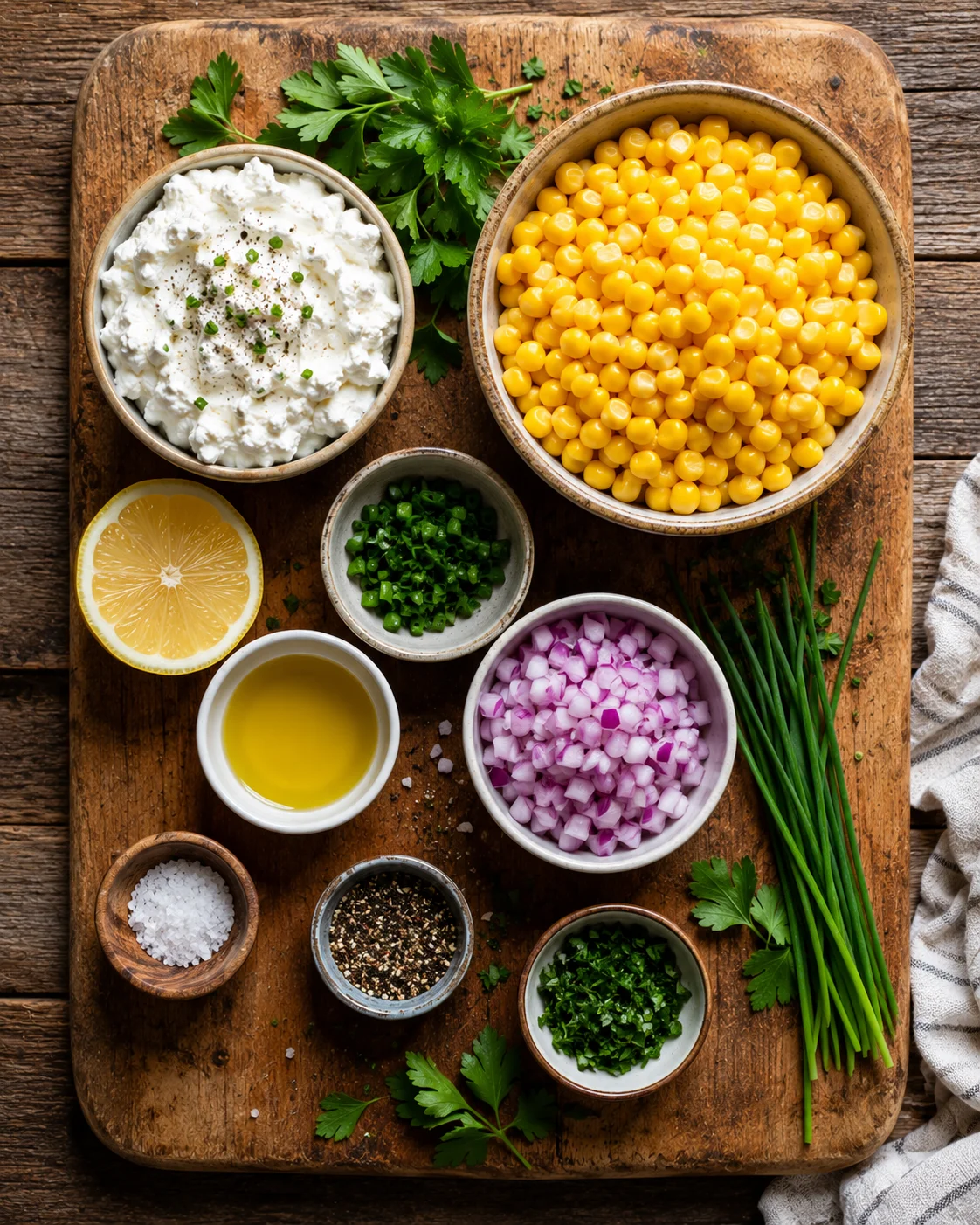 Ingrédients de la salade maïs fromage frais disposés sur une table en bois