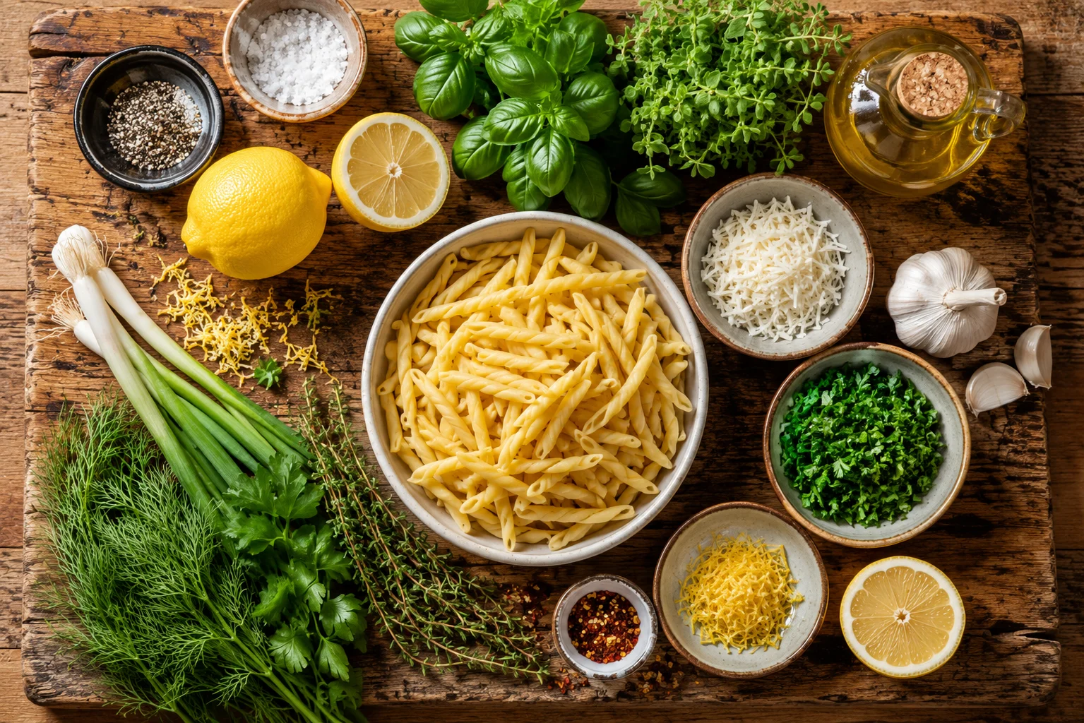 Ingrédients pour une salade pâtes citron herbes : pâtes, citron, persil, ciboulette et huile d'olive