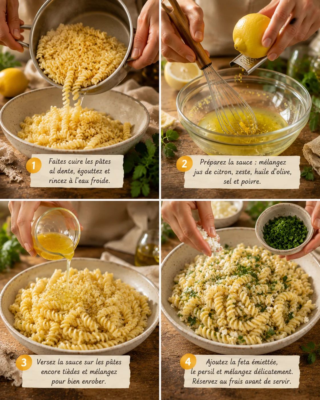 Étapes de préparation de la Salade Pâtes Citron avec herbes et vinaigrette