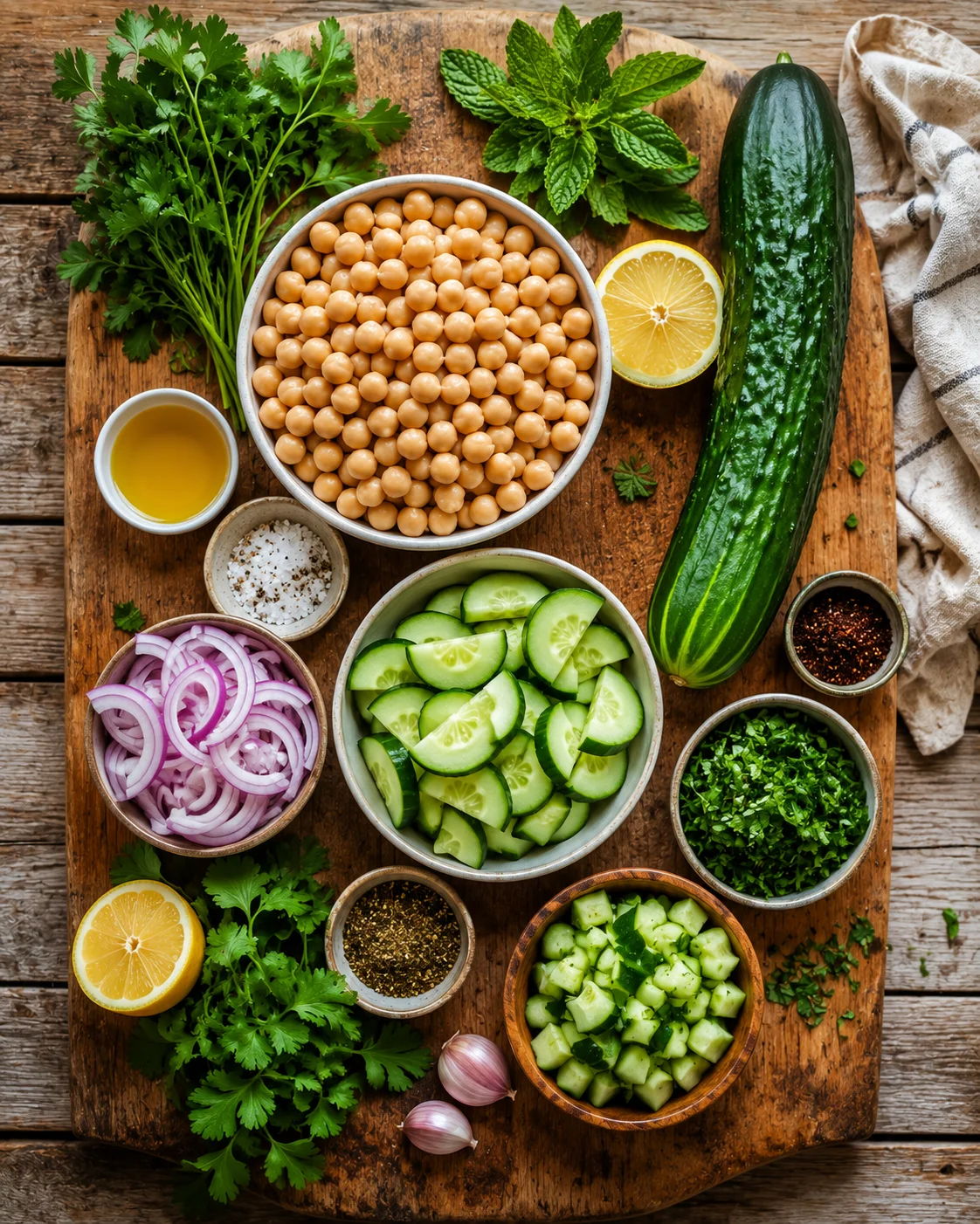 Ingrédients de la Salade Pois Chiches Concombre disposés sur une planche en bois