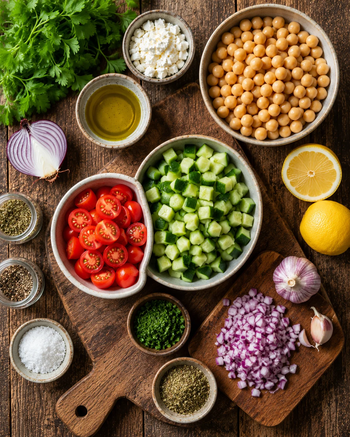 Salade Pois Chiches Concombre ingrédients frais disposés sur une table en bois