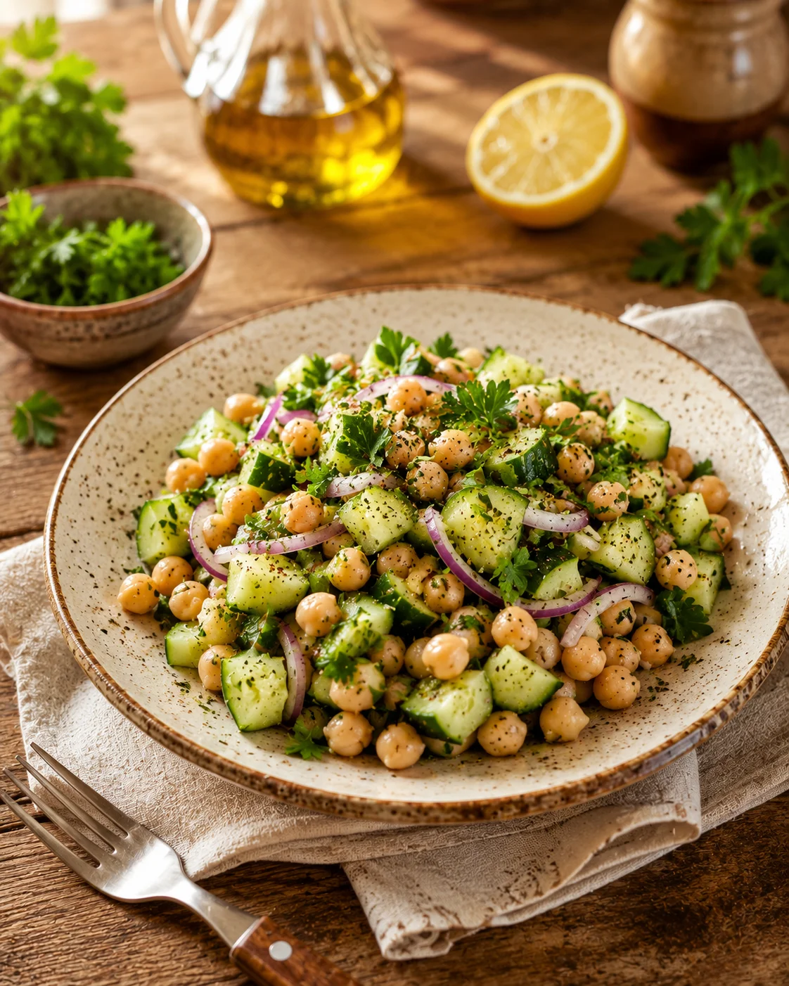 Salade Pois Chiches Concombre servie dans un beau bol avec garnitures fraîches