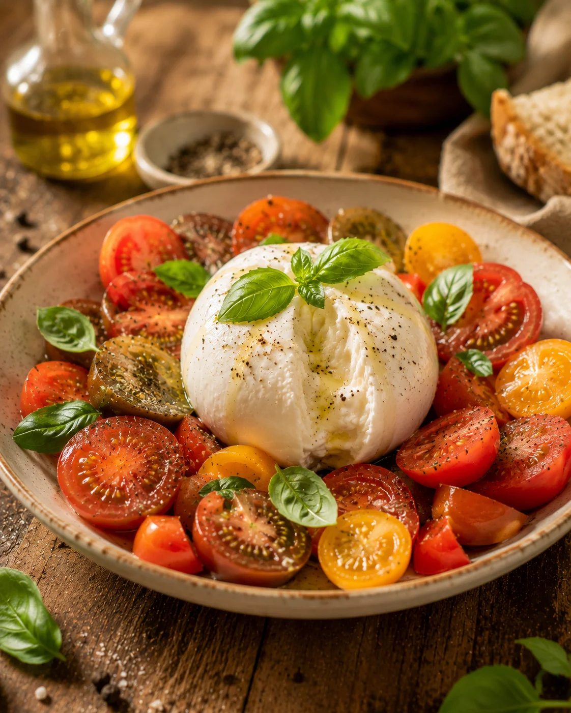 Salade Tomates Burrata Maison dressée et servie