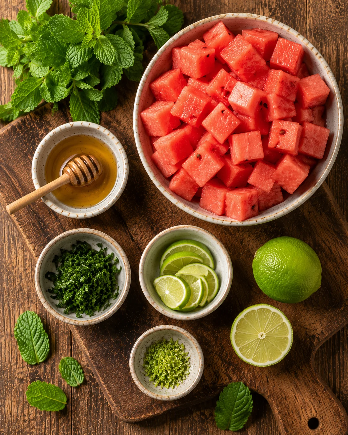 Ingrédients pour verrines pastèque menthe : pastèque, menthe fraîche, citron, sucre
