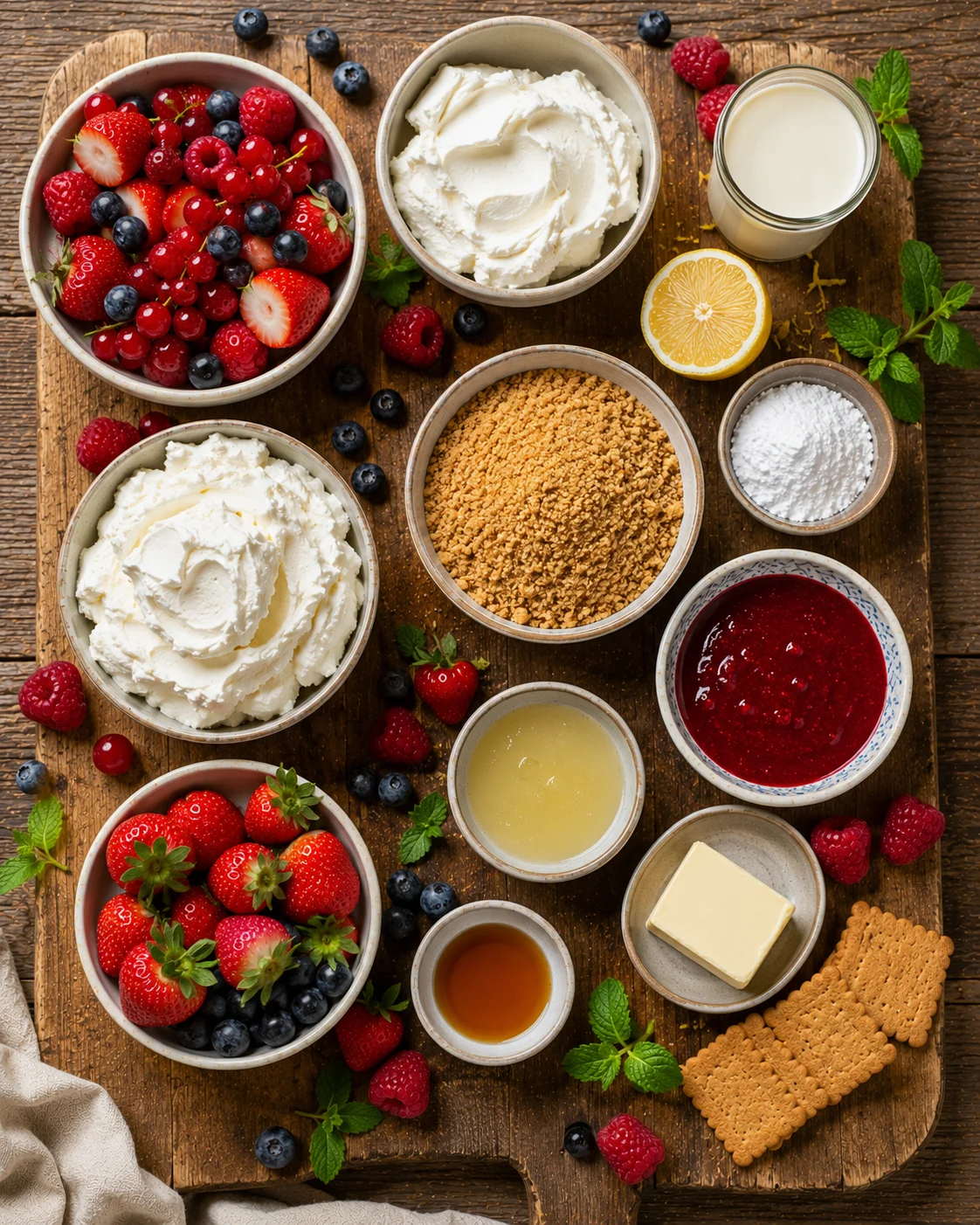 Ingrédients pour un cheesecake fruits rouges sans cuisson disposés sur un plan de travail en bois