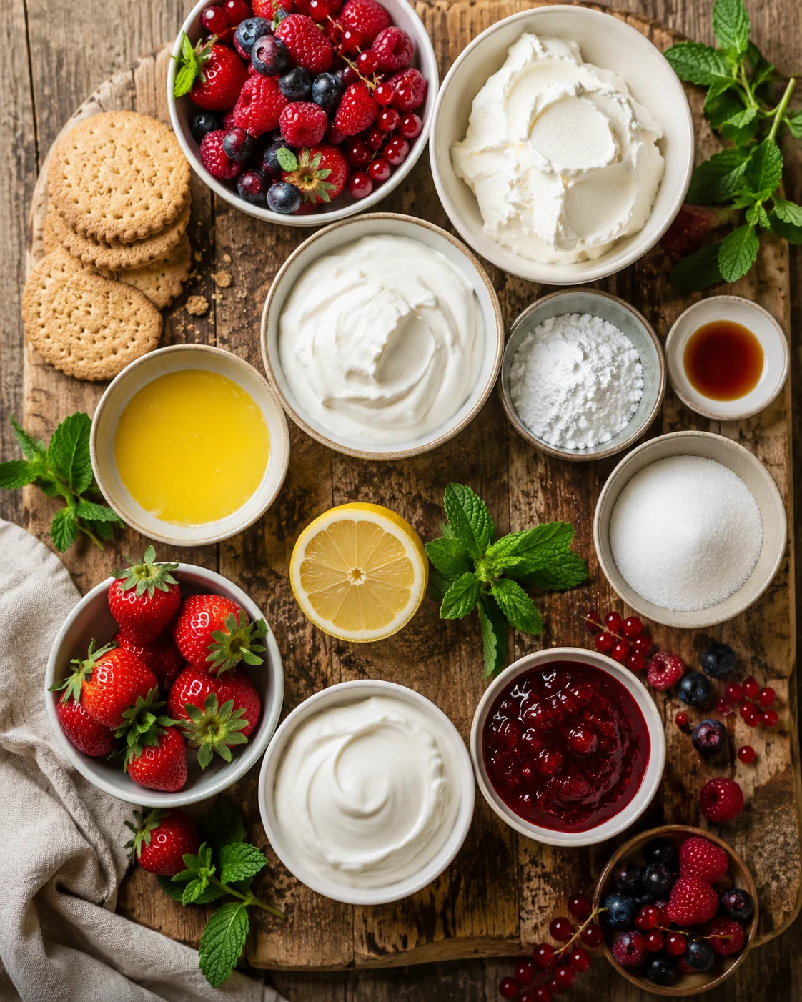 Ingrédients pour cheesecake fruits rouges sans cuisson disposés sur un plan de travail en bois