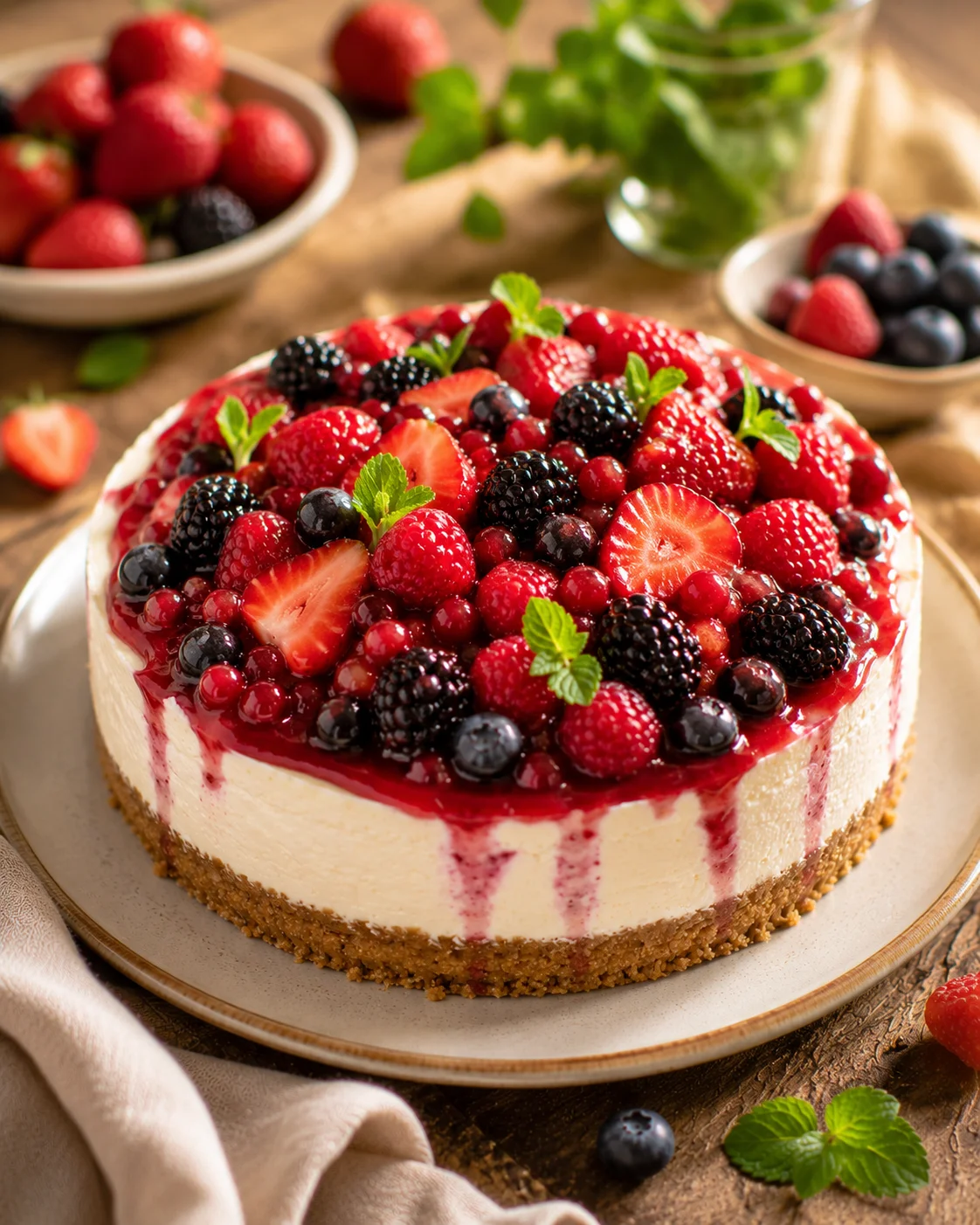 Cheesecake fruits rouges sans cuisson servi en parts sur une table de fête