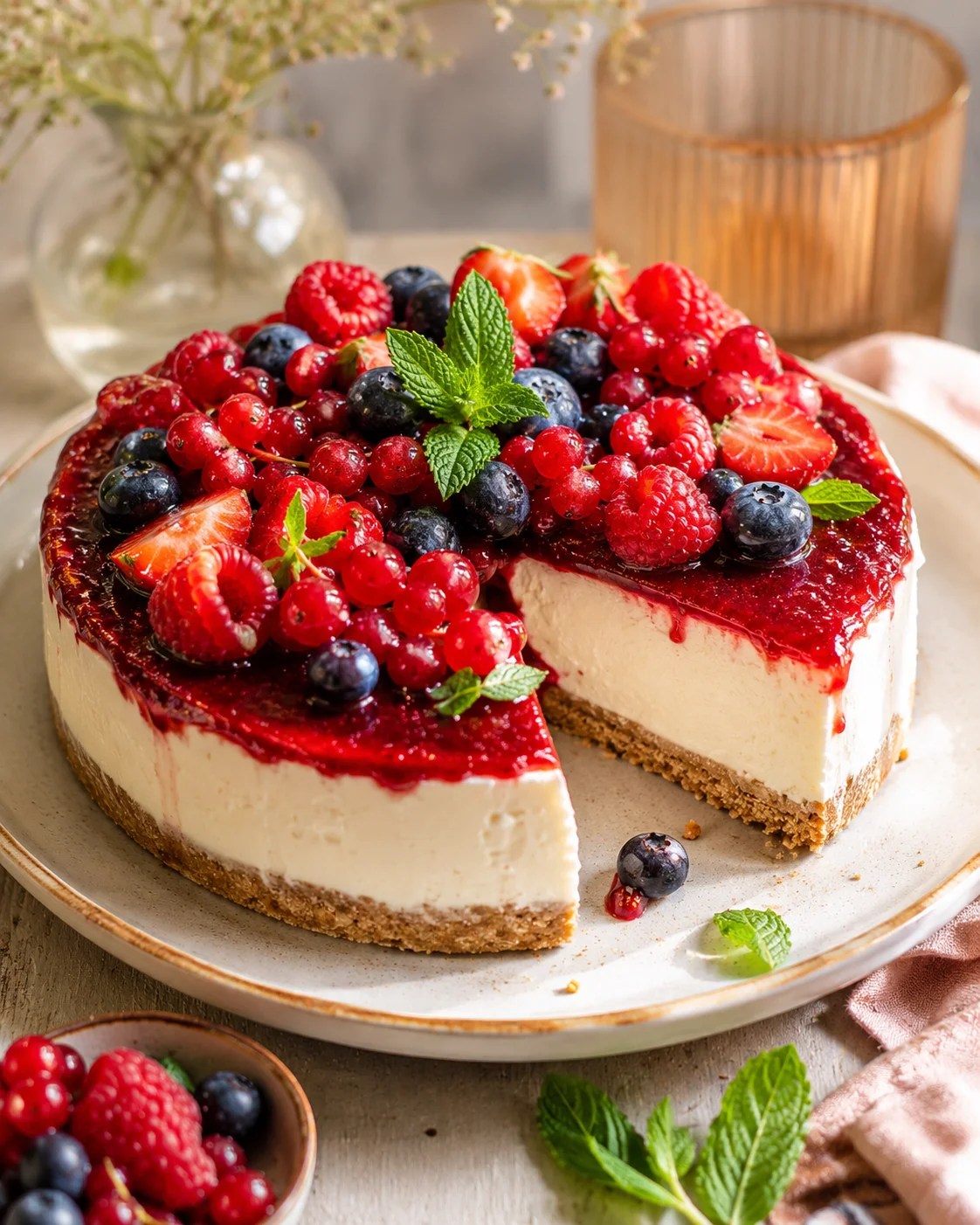 Cheesecake fruits rouges sans cuisson servi en tranches sur assiette blanche avec garniture de fruits frais