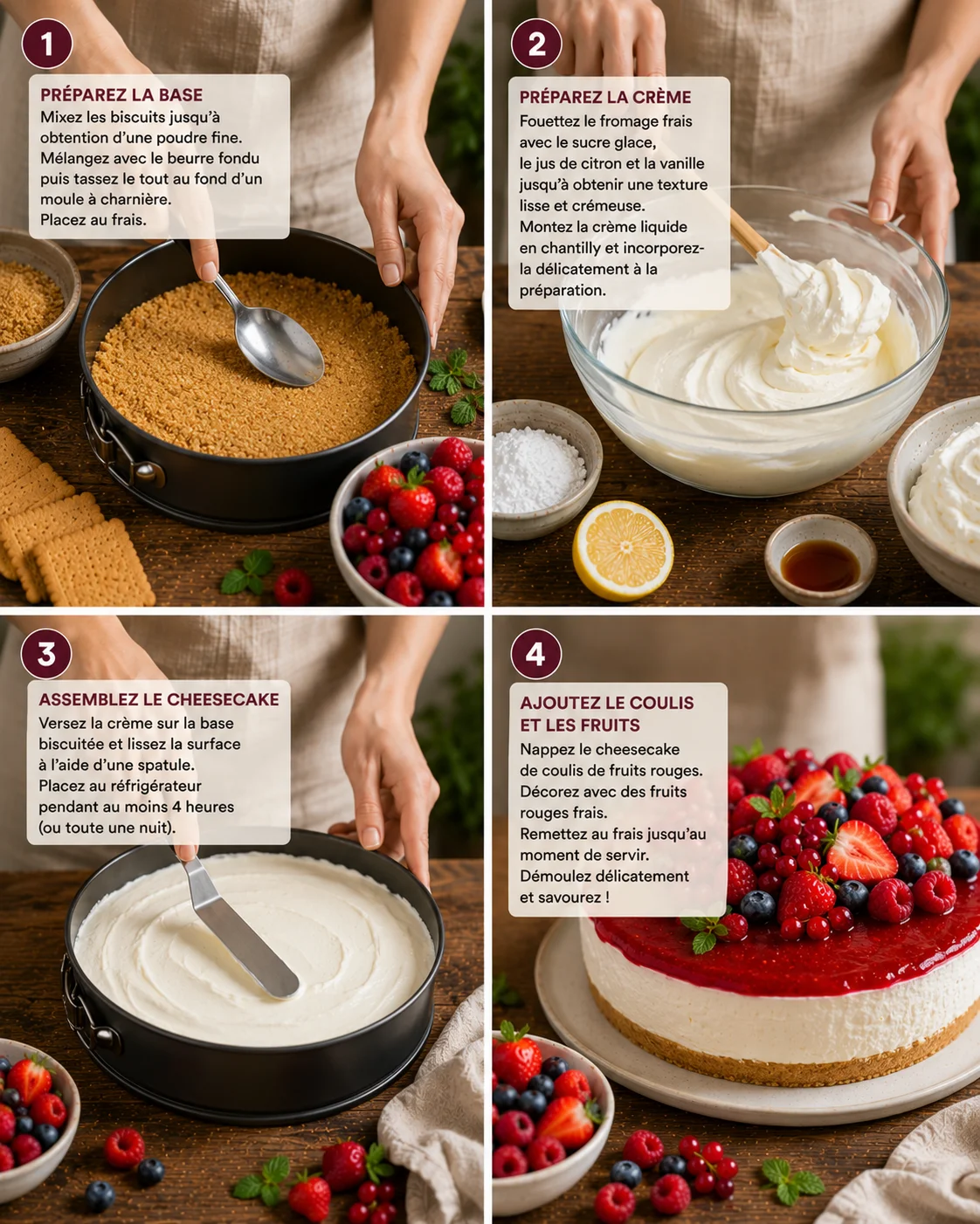 Préparation étape par étape du cheesecake fruits rouges sans cuisson dans une cuisine maison