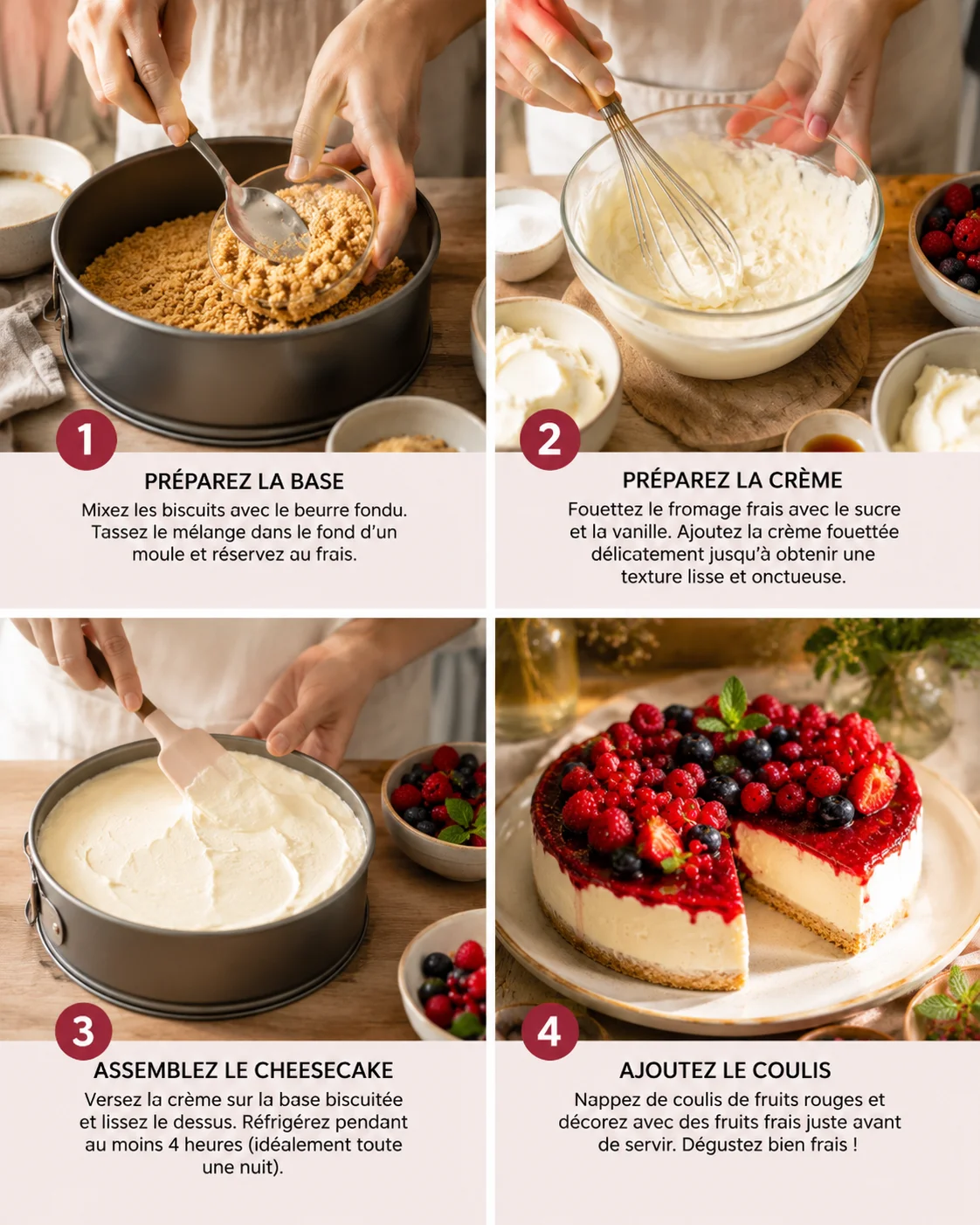 Cheesecake fruits rouges sans cuisson étapes de préparation sur plan de travail