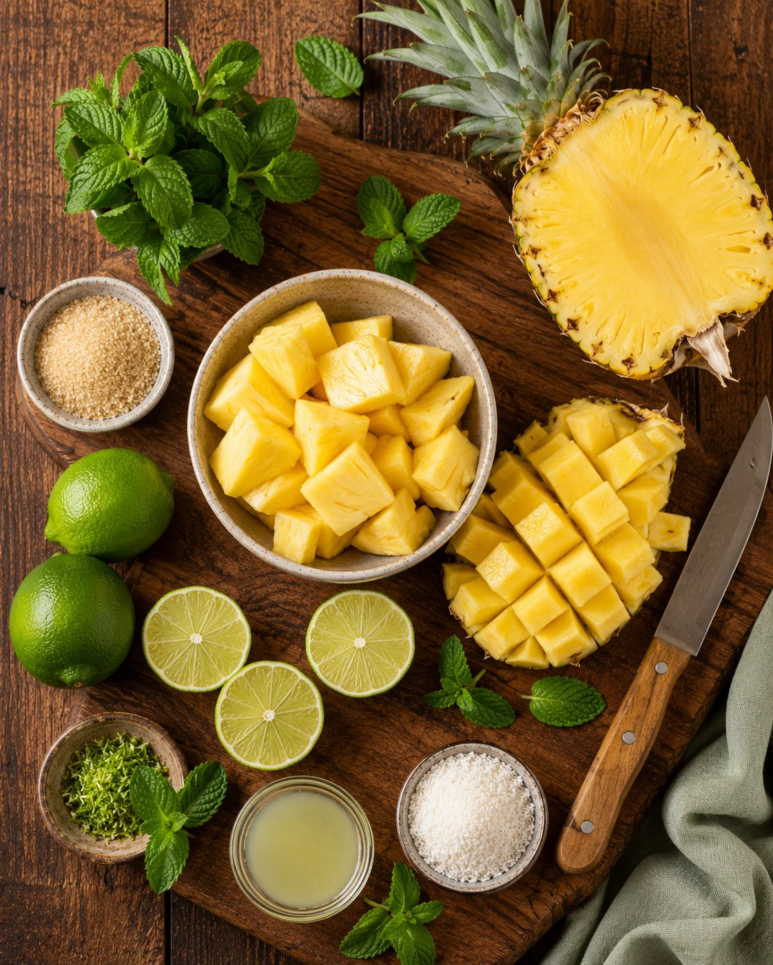 Ingrédients pour la coupe ananas citron vert disposés sur une table en bois