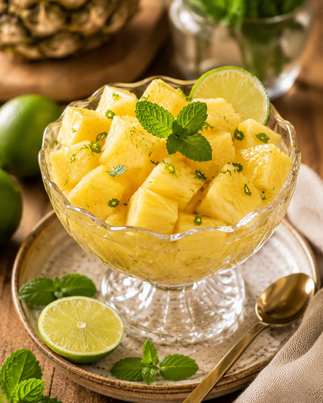 Coupe ananas citron vert servie dans un verre transparent, décorée de menthe et zestes