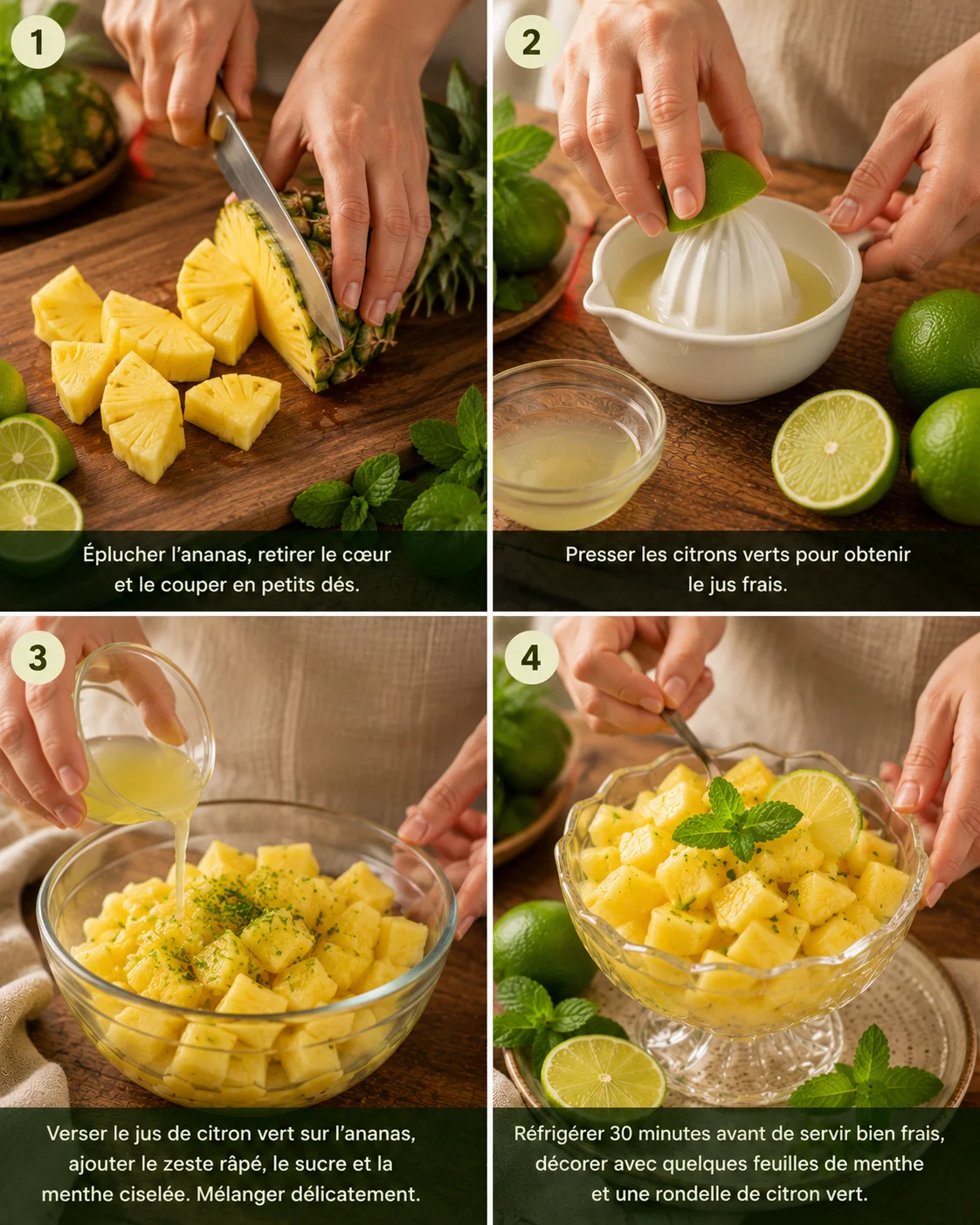 Coupe ananas citron vert étapes de préparation, dés d'ananas et citron vert