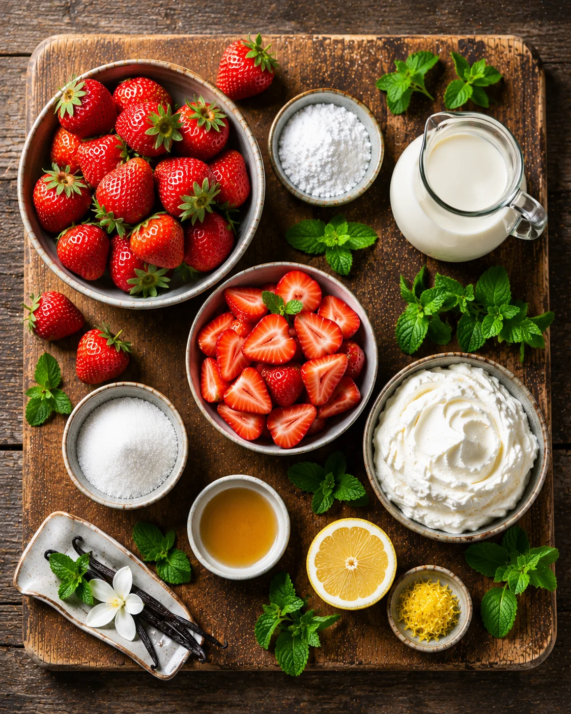 Ingrédients pour une Coupe Fraises Chantilly Légère : fraises fraîches, crème liquide entière, sucre glace et vanille