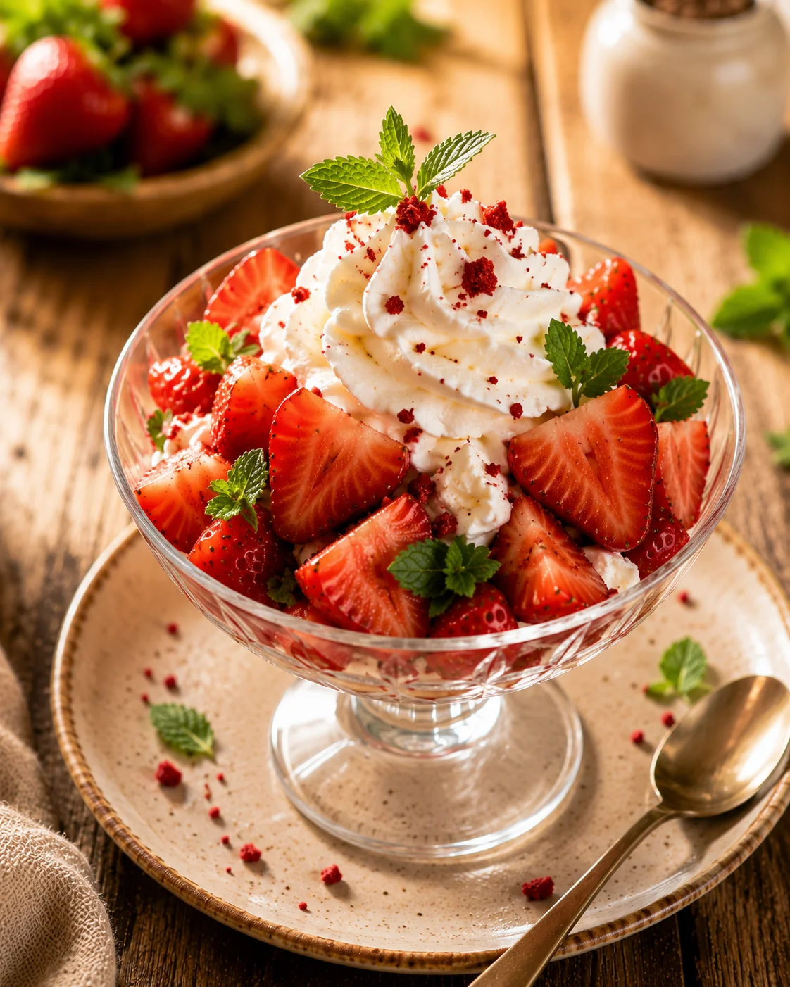 Coupe Fraises Chantilly Légère servie dans des verres élégants, décorée de menthe fraîche et de fraises entières