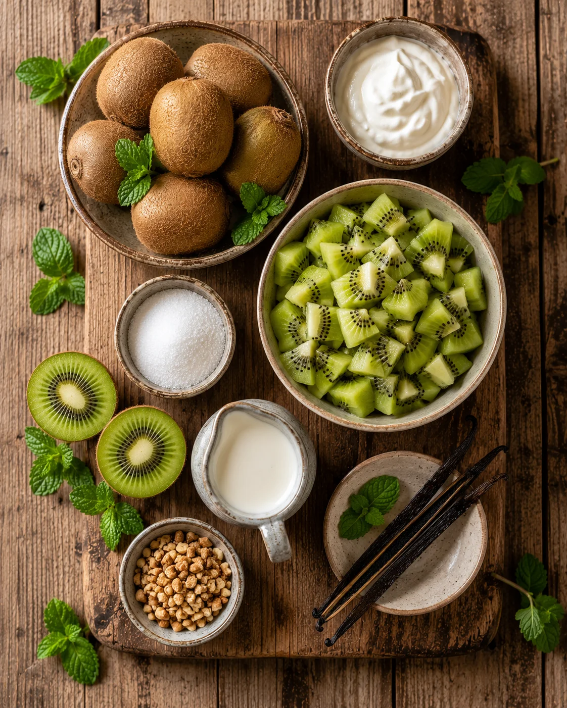 Ingrédients pour une Coupe Kiwi Vanille : kiwis, crème fraîche, vanille, sucre