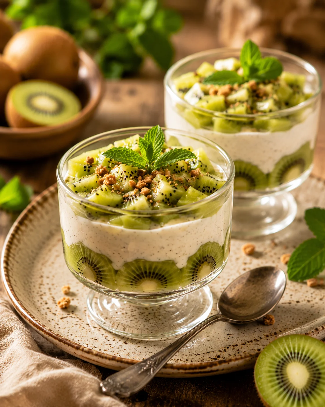 Coupe Kiwi Vanille servie en verrines avec miel caramélisé et menthe fraîche