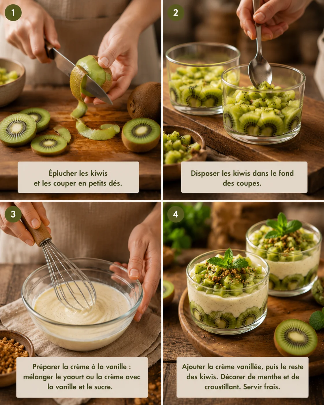 Préparation pas à pas de la Coupe Kiwi Vanille en verrines