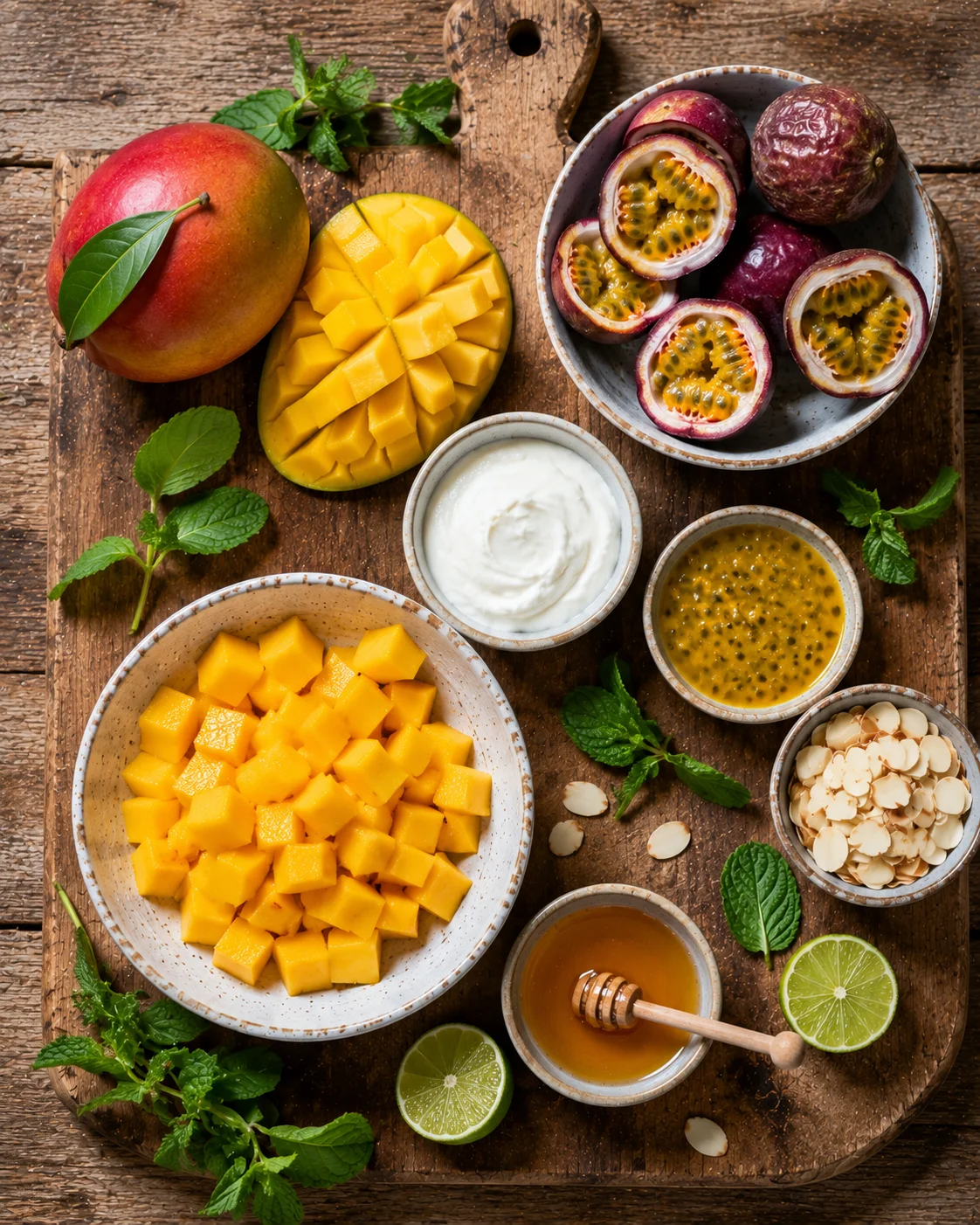 Ingrédients pour la Coupe Mangue Passion disposés sur une surface en bois